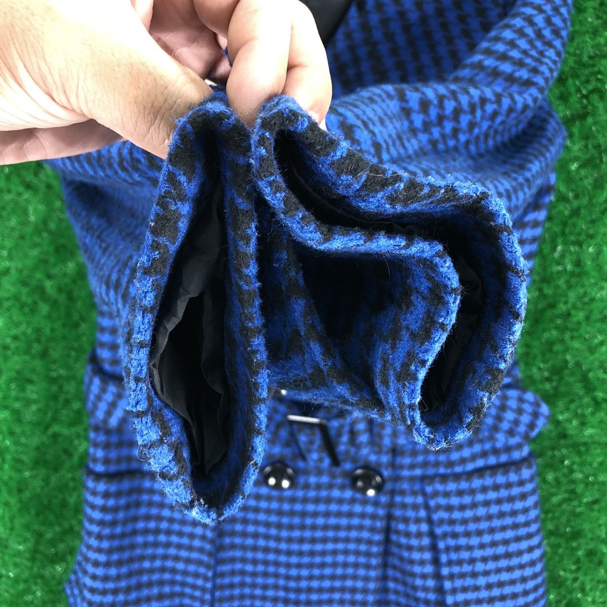 Japanese Brand Vintage Trench Pea Coat Women Blue Houndstooth by Jayro Size XS / US 0-2 / IT 36-38 - 12 Thumbnail