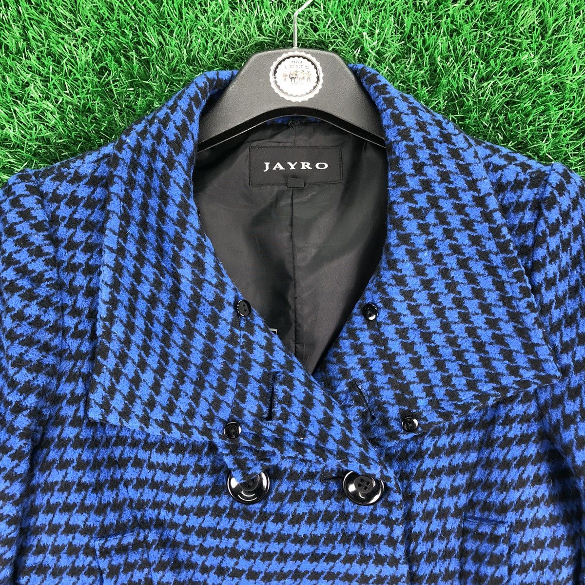 Japanese Brand Vintage Trench Pea Coat Women Blue Houndstooth by Jayro Size XS / US 0-2 / IT 36-38 - 7 Thumbnail