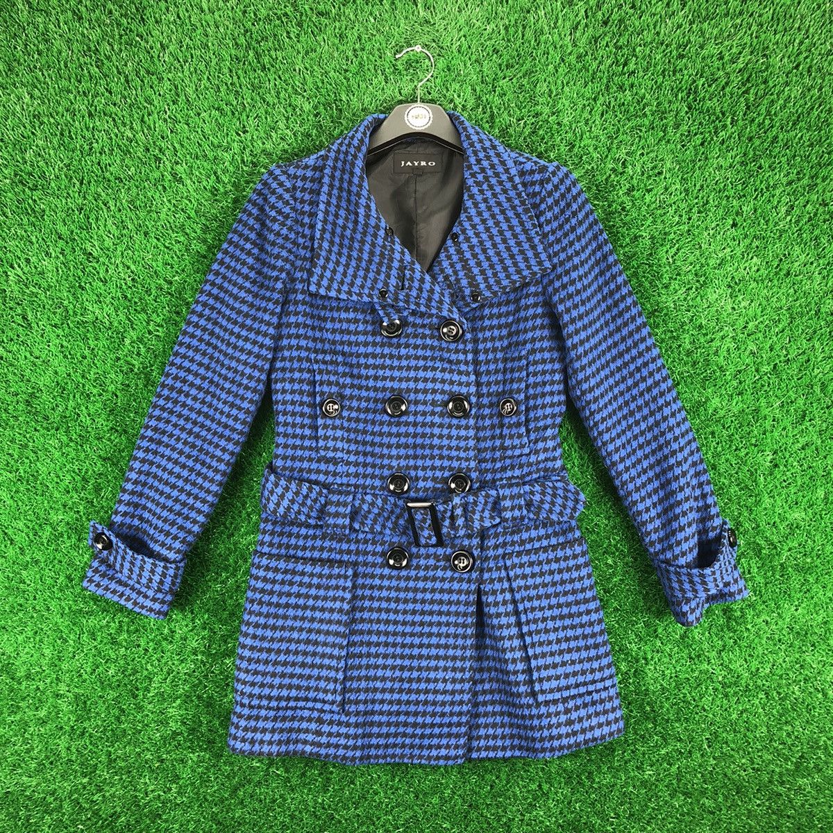Japanese Brand Vintage Trench Pea Coat Women Blue Houndstooth by Jayro Size XS / US 0-2 / IT 36-38 - 1 Thumbnail