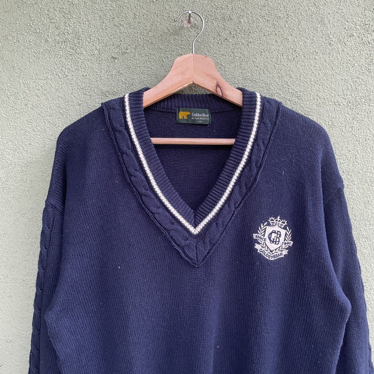 Japanese Brand Vintage Golden Bear V Neck Dark Blue Knitwear Sweater Jumper Size US M / EU 48-50 / 2 - 3 Thumbnail