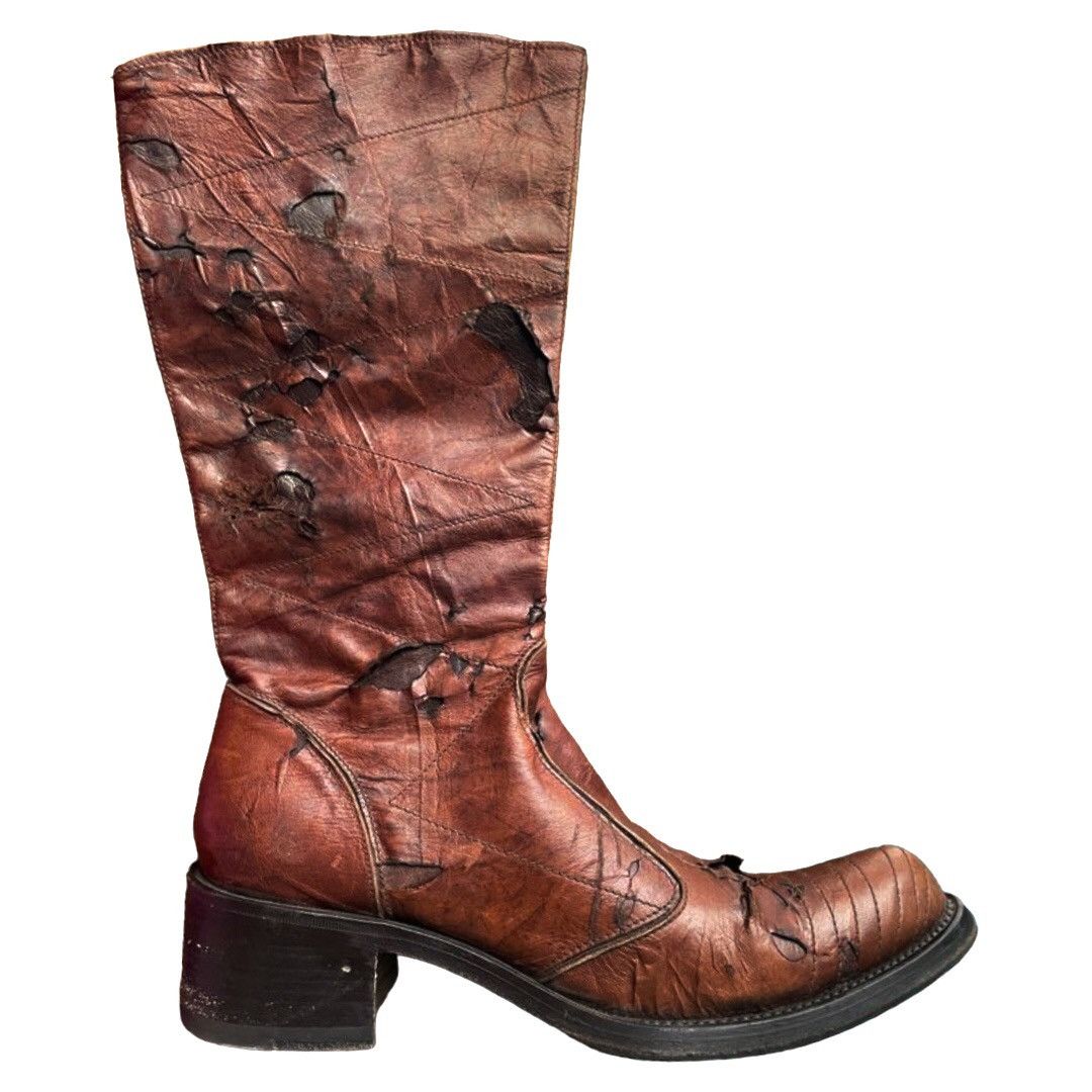Gianni Barbato 🔵distressed calfskin leather zipped knee boots brown Size US 9 / IT 39 - 1 Thumbnail