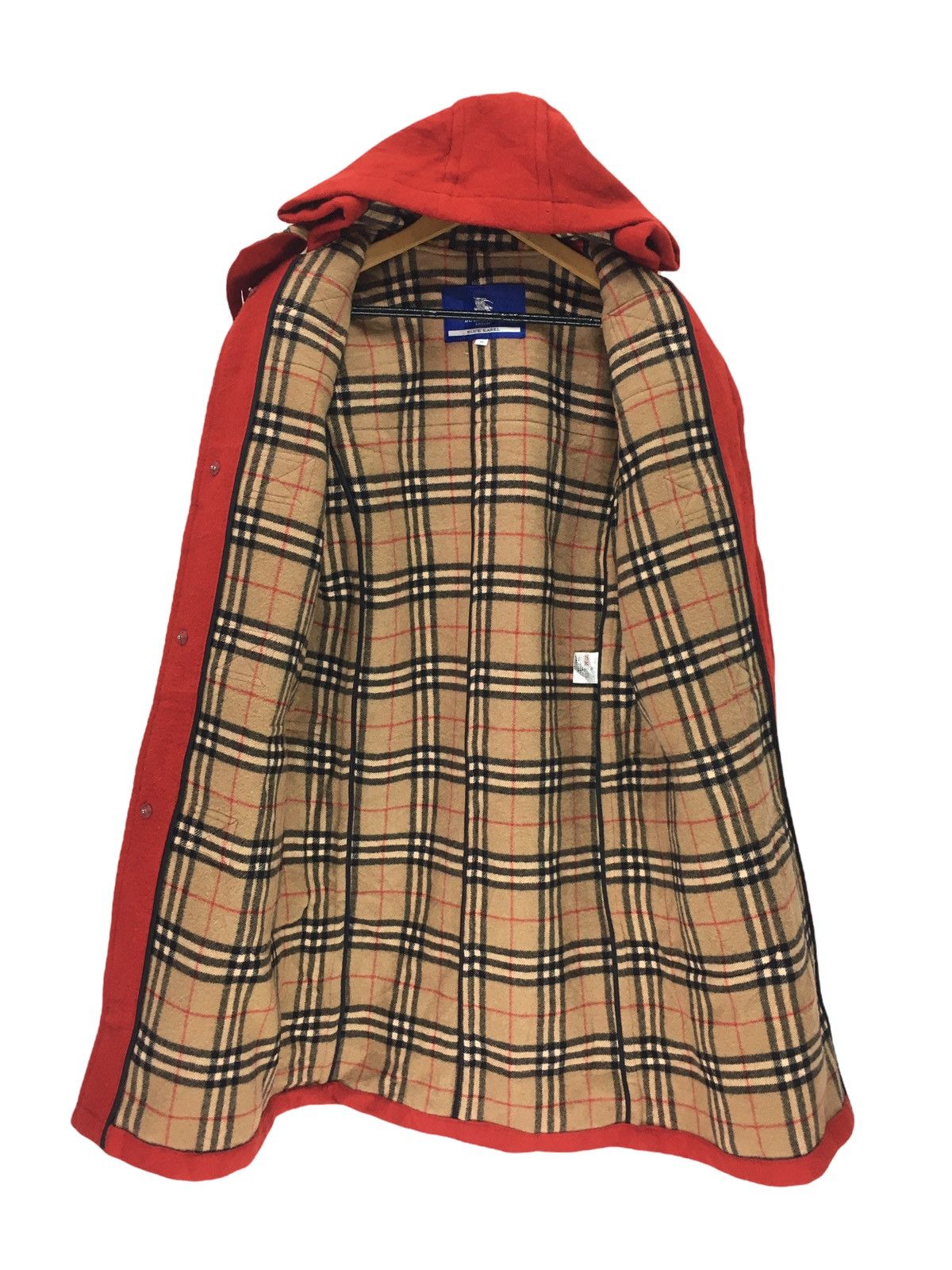 image of Archival Clothing x Burberry Blue Label Nova Check Duffer Wool Long Jacket in Red (Size Medium)