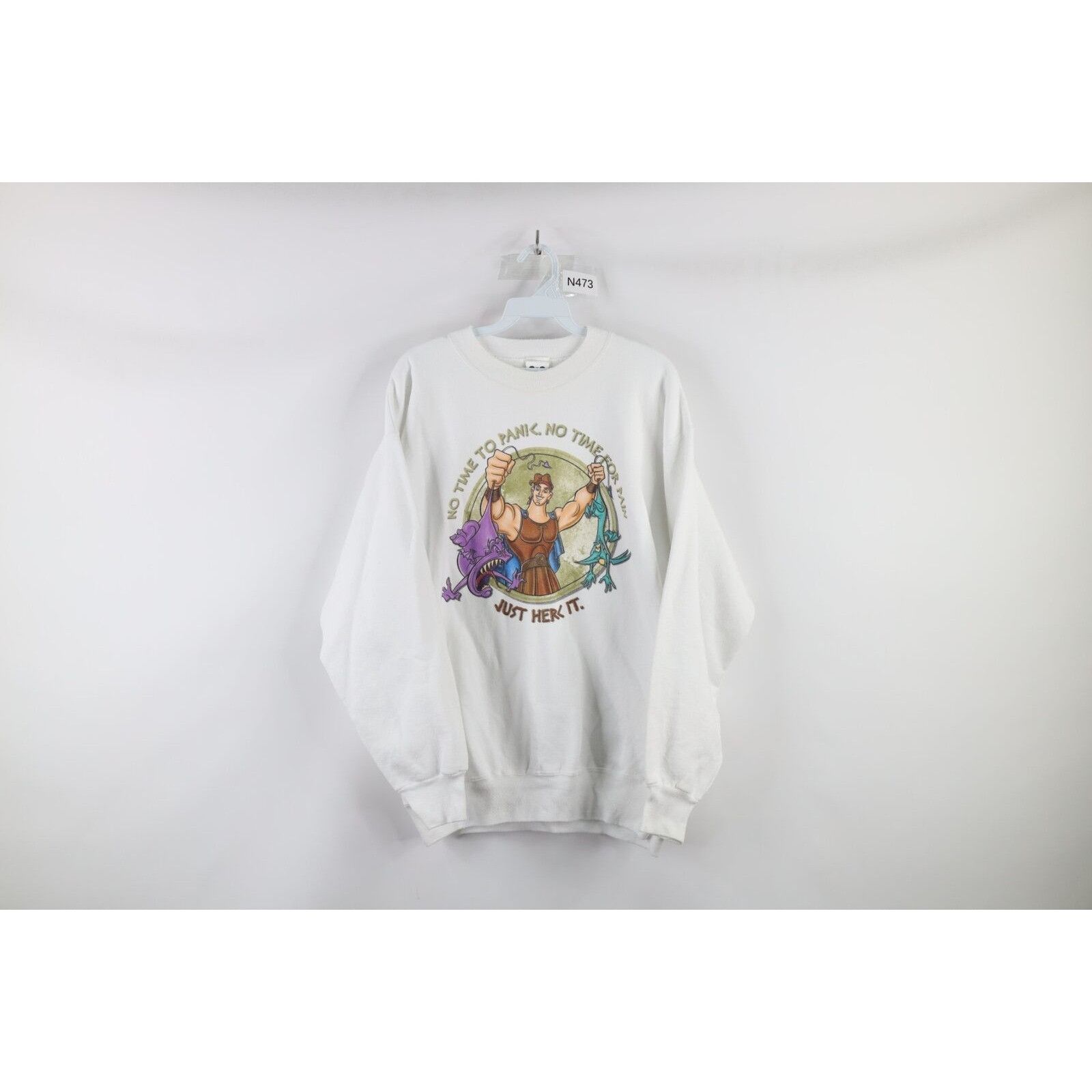 image of 90's Disney Hercules Movie Spell Out Sweatshirt in White, Men's (Size Large)
