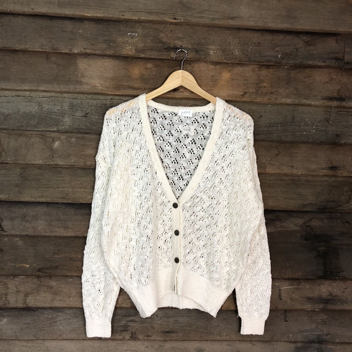 Homespun Knitwear × Vintage Juelarssy Cream crochet meshnet knit Cardigan #400B Size L / US 10 / IT 46 - 3 Thumbnail
