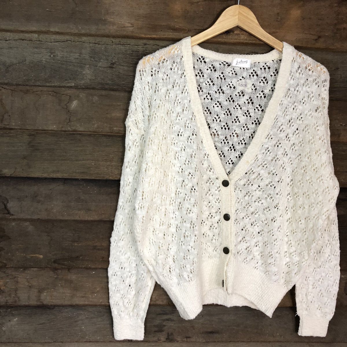 Homespun Knitwear × Vintage Juelarssy Cream crochet meshnet knit Cardigan #400B Size L / US 10 / IT 46 - 6 Thumbnail