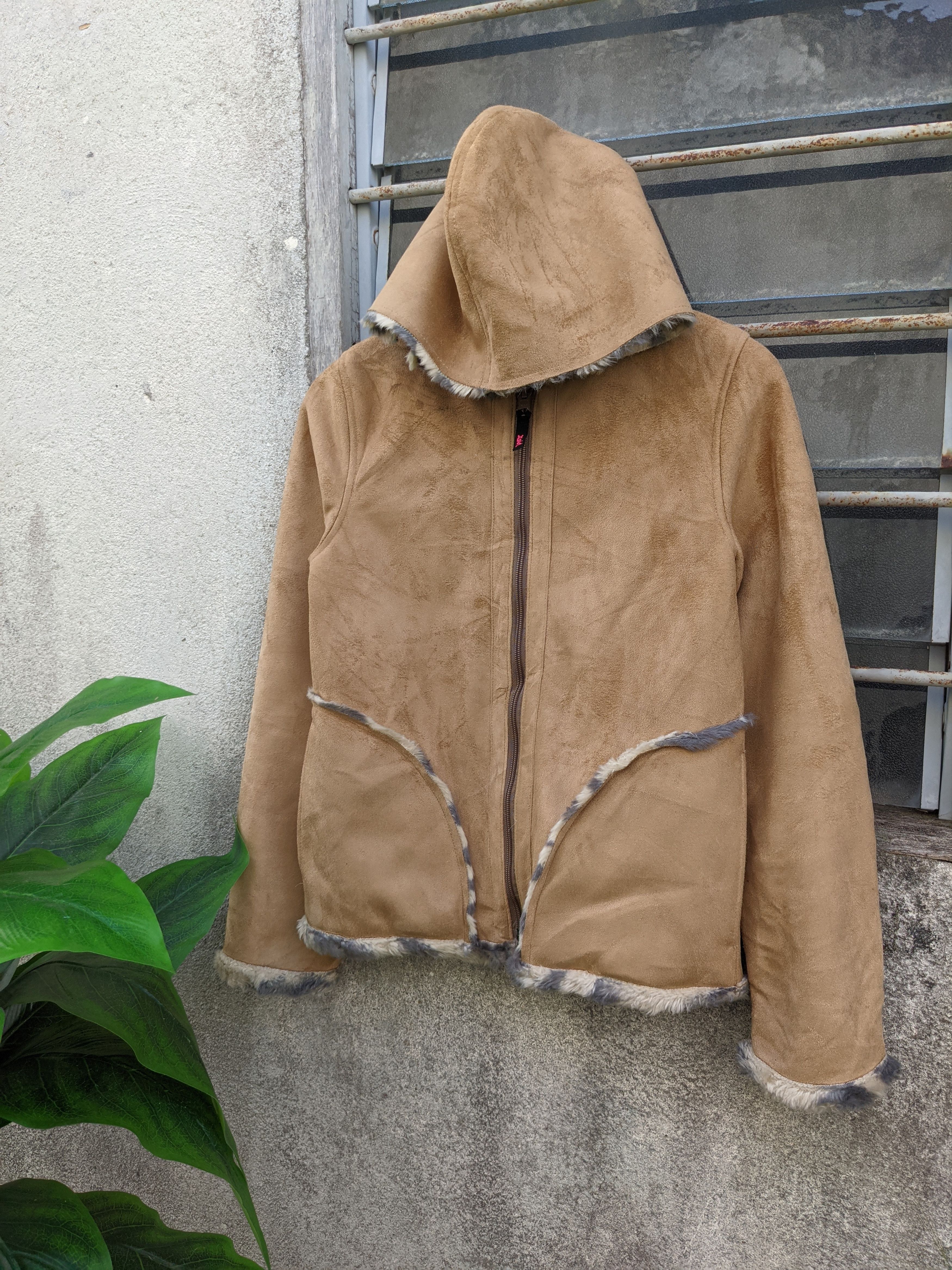 image of Hype X-Girl Shearling Riversible Hooded Jacket in Brown/Zebra Stripe, Women's (Size Medium)