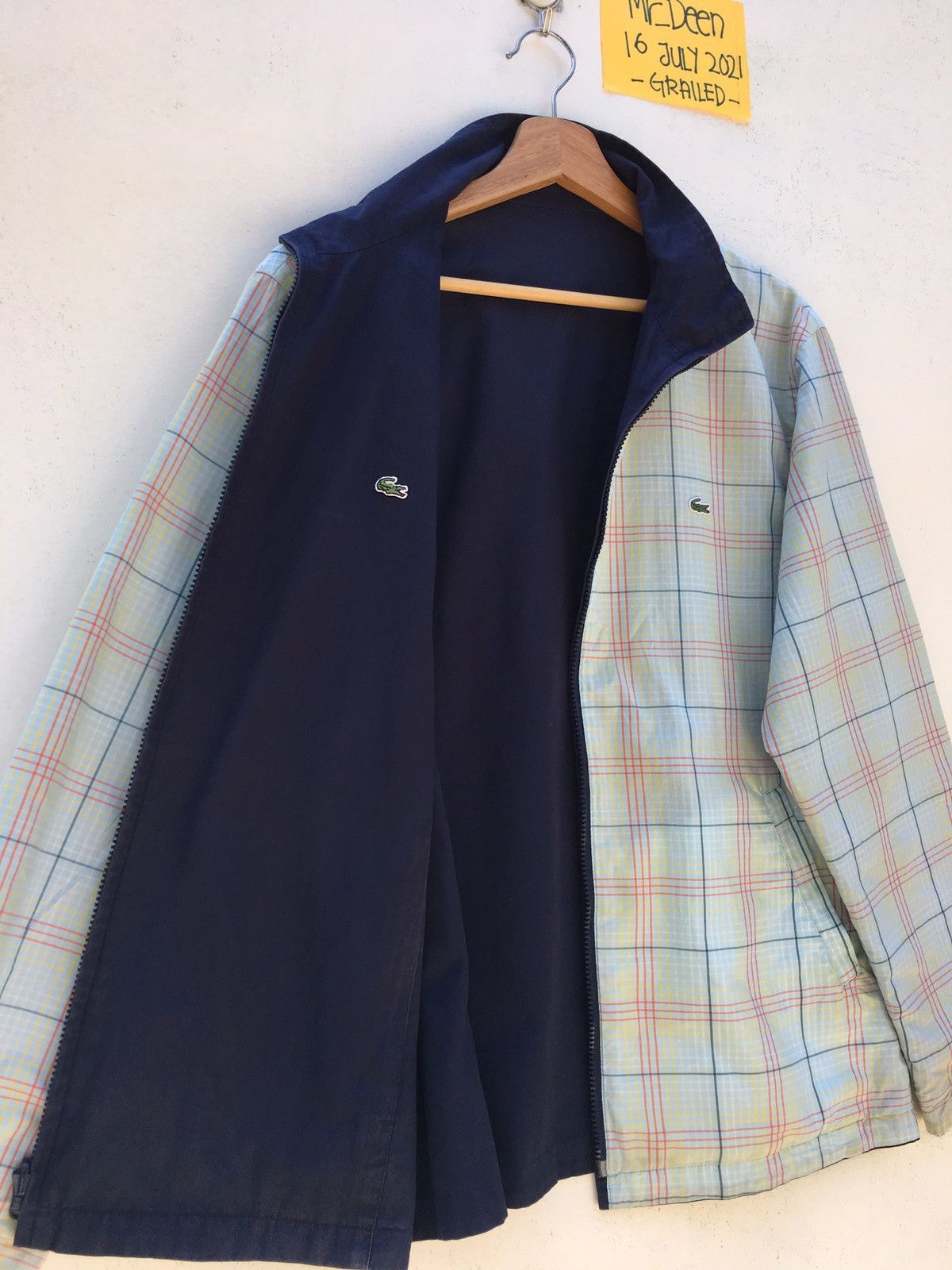 image of Lacoste Checkered Pattern Reversible Nylon Jacket in Blue, Men's (Size Medium)