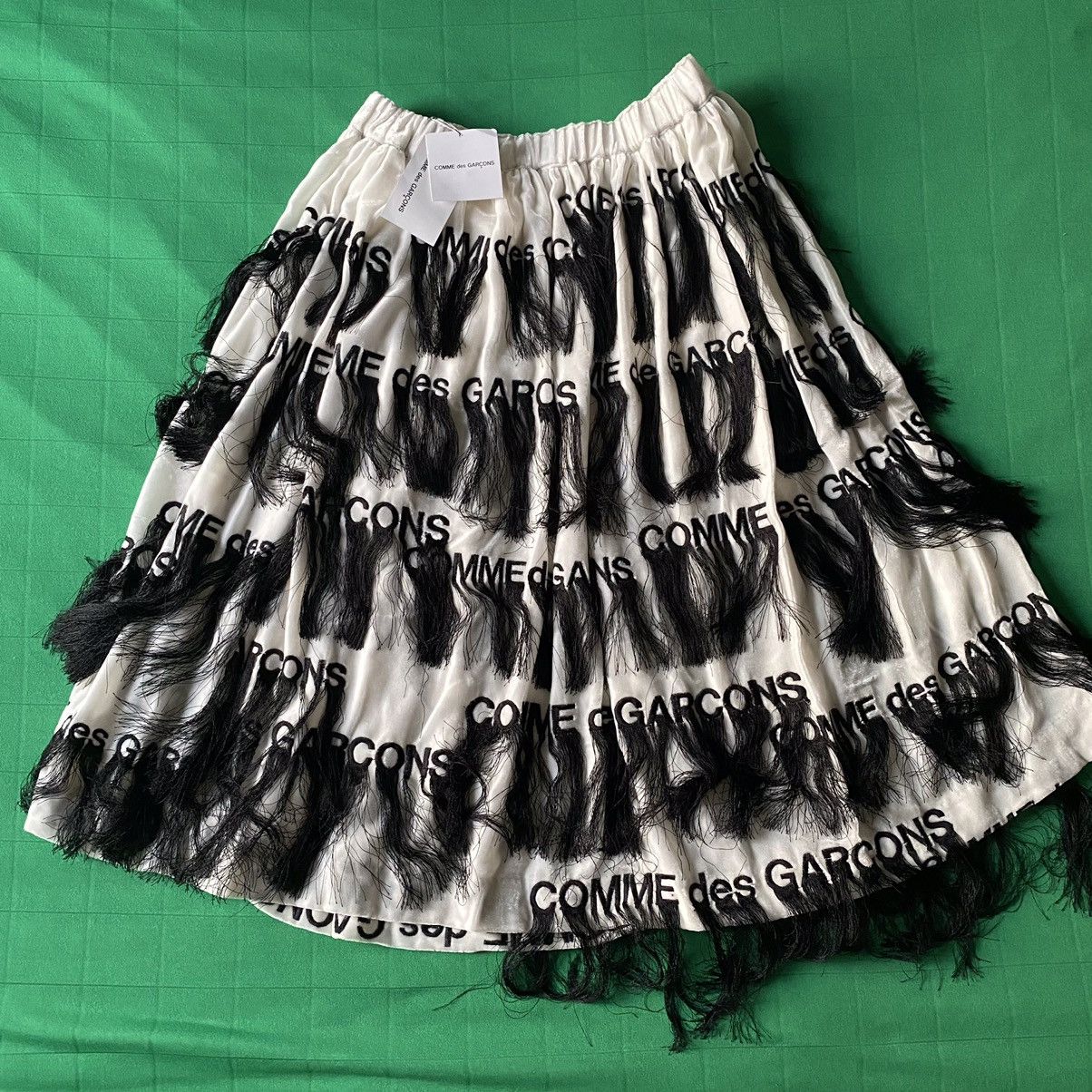 image of Comme Des Garcons Fringed Logo Skirt Ss20 Size Xs in Black White, Women's