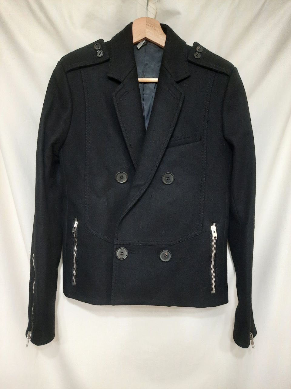 image of Dior x Hedi Slimane Fw07 Aw07 Cropped Military Multi Zip Double Breasted Coat in Black (Size Small)