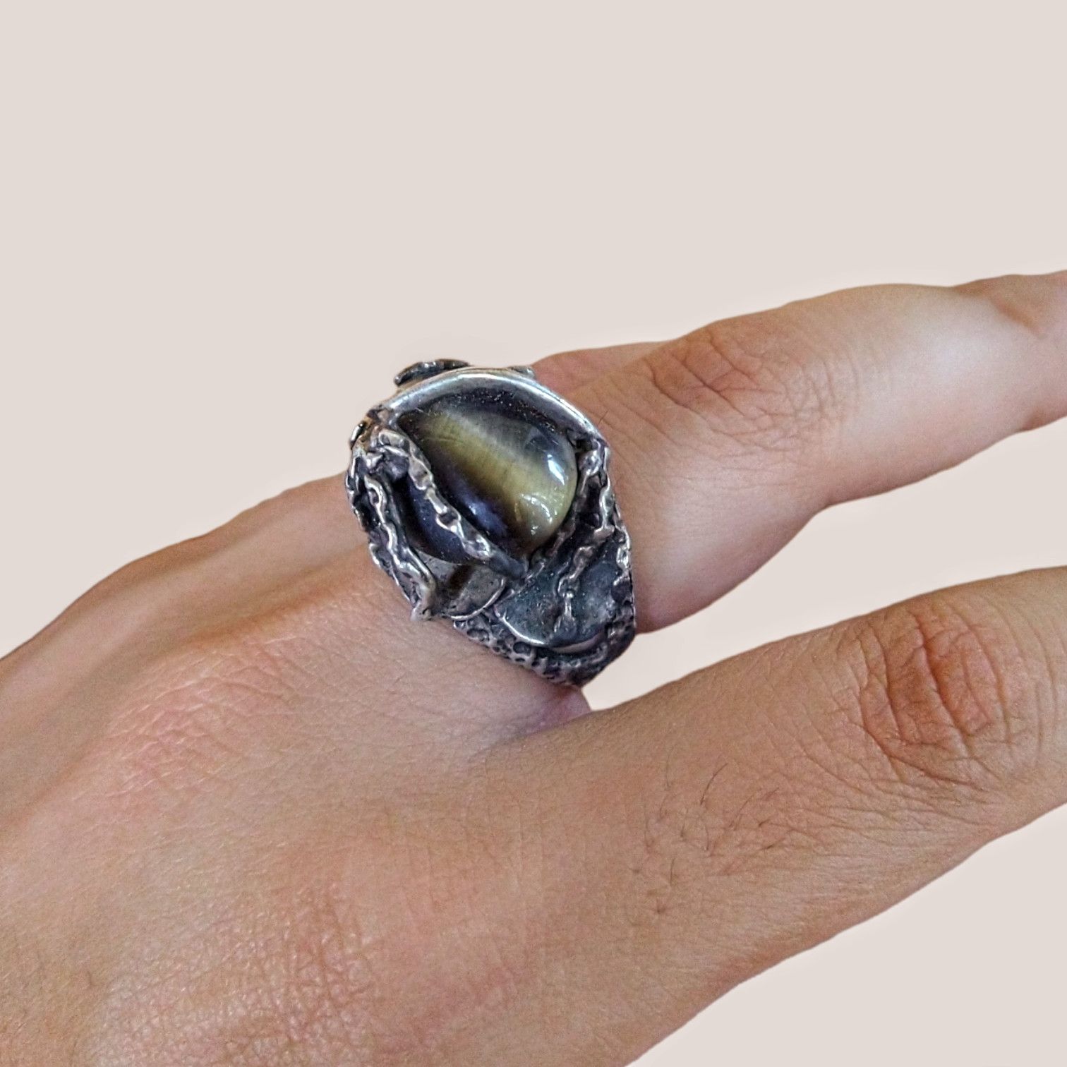 Other Vintage Sterling Silver Ring Size 9 Tigers Eye Brutalist Size ONE SIZE - 10 Thumbnail