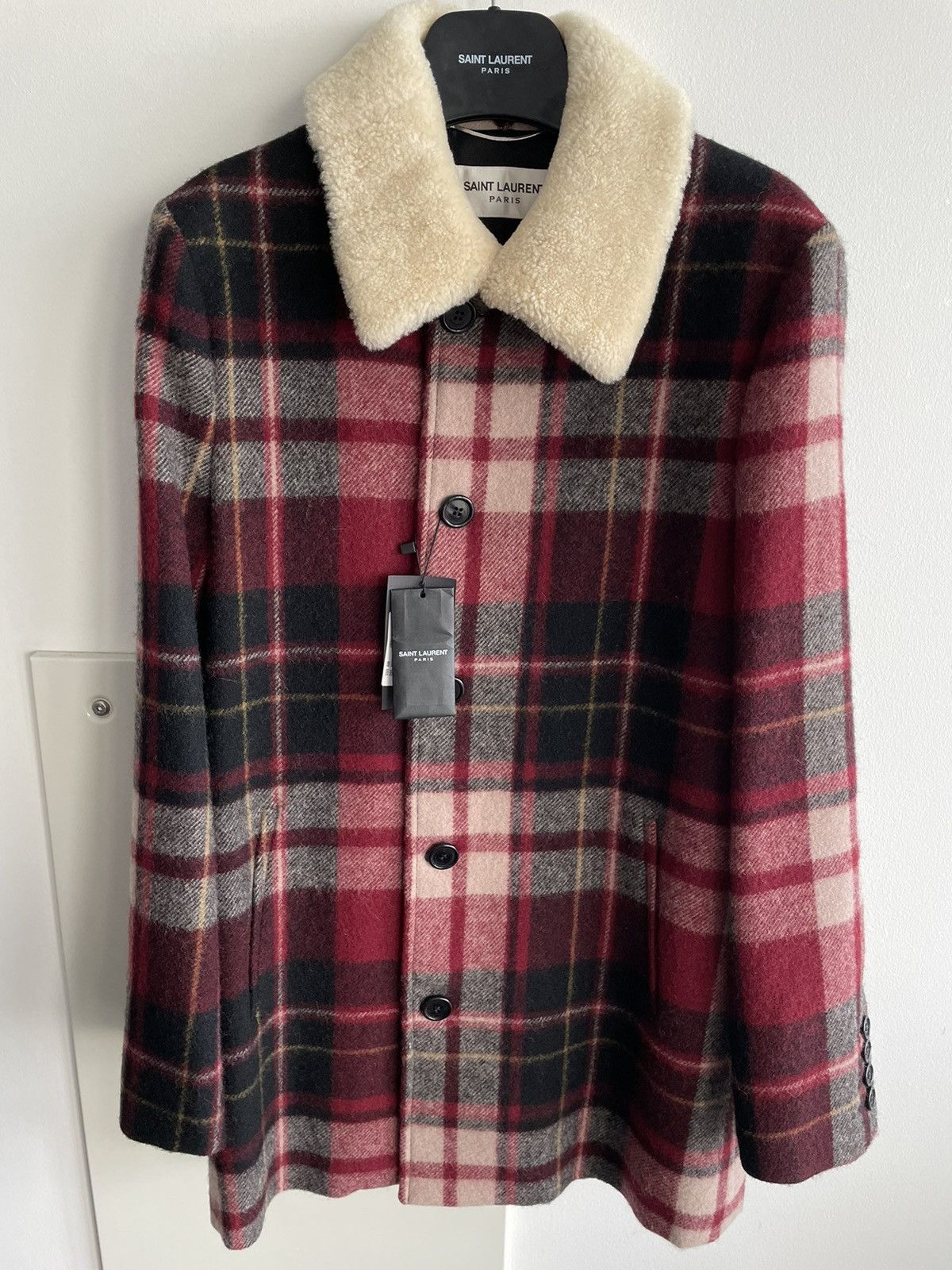 image of Hedi Slimane x Saint Laurent Paris $3,600 Value Super Runway Shearling Coat in Red (Size Medium)