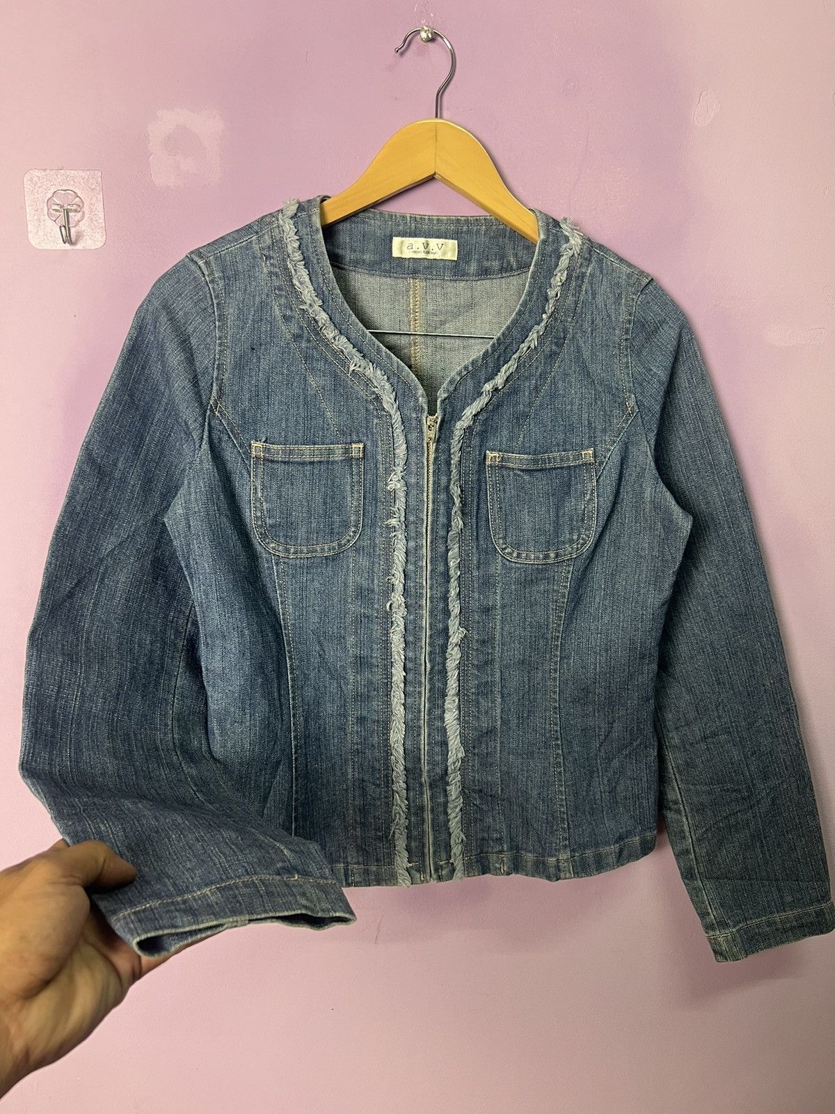 image of Avv Michel Klein Zipper Denim Jacket in Blue, Women's (Size Small)