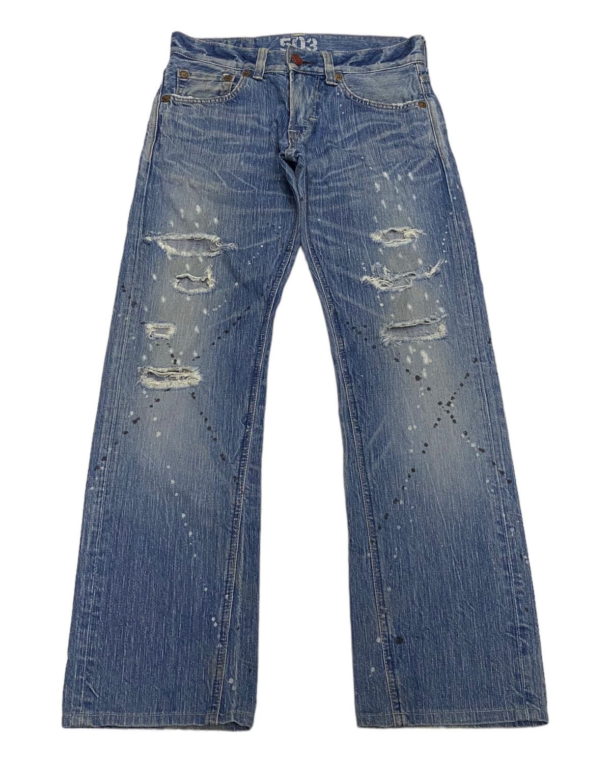 If Six Was Nine FLARE🔥DISTRESSED SPLATTER EDWIN 503 BLUE TRIP DENIM FLARED Size US 31 - 1 Thumbnail