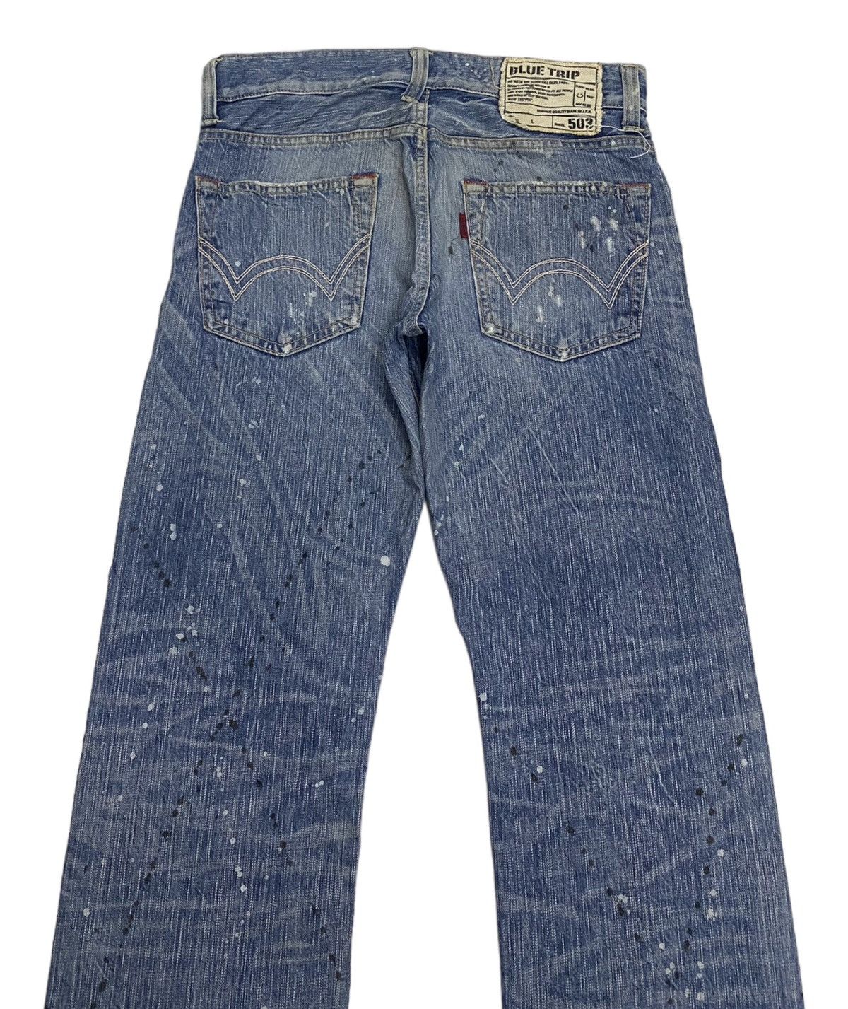 If Six Was Nine FLARE🔥DISTRESSED SPLATTER EDWIN 503 BLUE TRIP DENIM FLARED Size US 31 - 4 Thumbnail