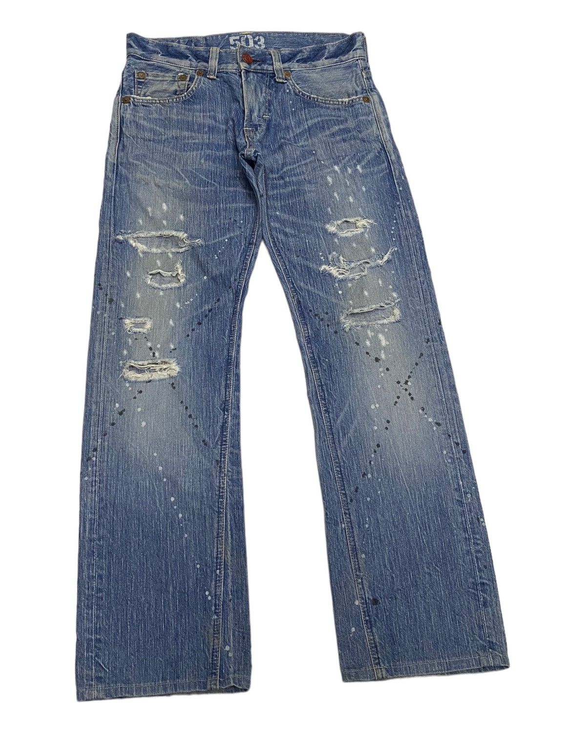 If Six Was Nine FLARE🔥DISTRESSED SPLATTER EDWIN 503 BLUE TRIP DENIM FLARED Size US 31 - 5 Thumbnail