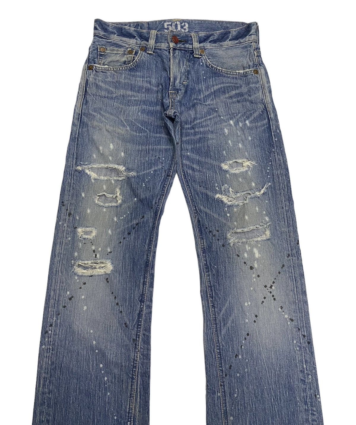 If Six Was Nine FLARE🔥DISTRESSED SPLATTER EDWIN 503 BLUE TRIP DENIM FLARED Size US 31 - 7 Thumbnail