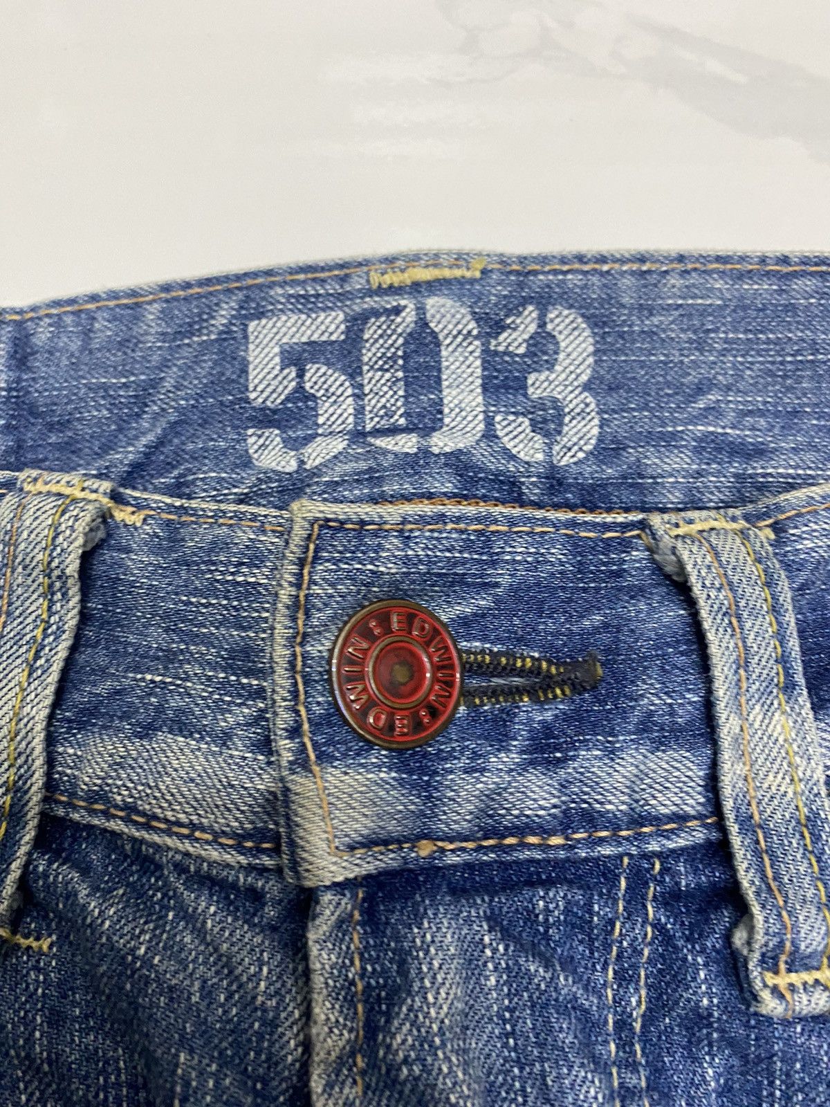 If Six Was Nine FLARE🔥DISTRESSED SPLATTER EDWIN 503 BLUE TRIP DENIM FLARED Size US 31 - 10 Thumbnail