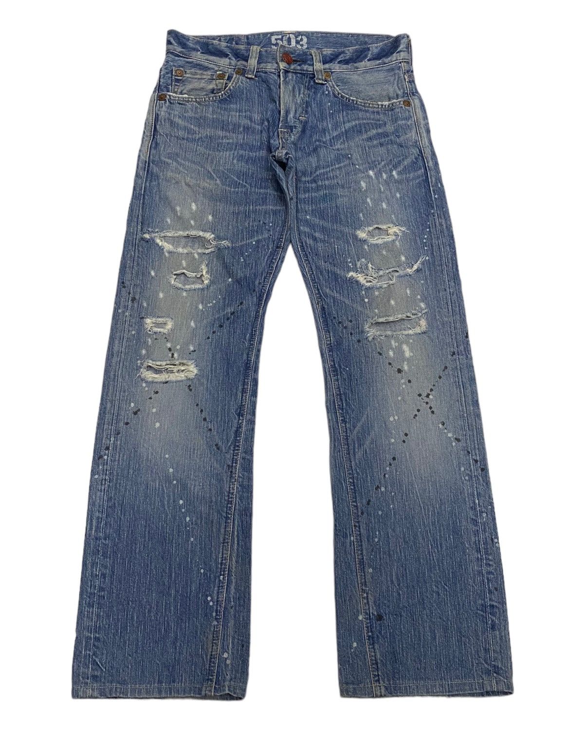 If Six Was Nine FLARE🔥DISTRESSED SPLATTER EDWIN 503 BLUE TRIP DENIM FLARED Size US 31 - 8 Thumbnail