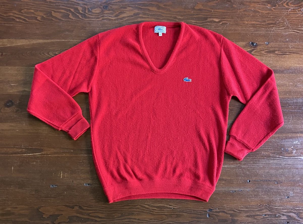 Lacoste Vintage 70’s Lacoste Red V-Neck Knit Sweater Size US L / EU 52-54 / 3 - 2 Thumbnail