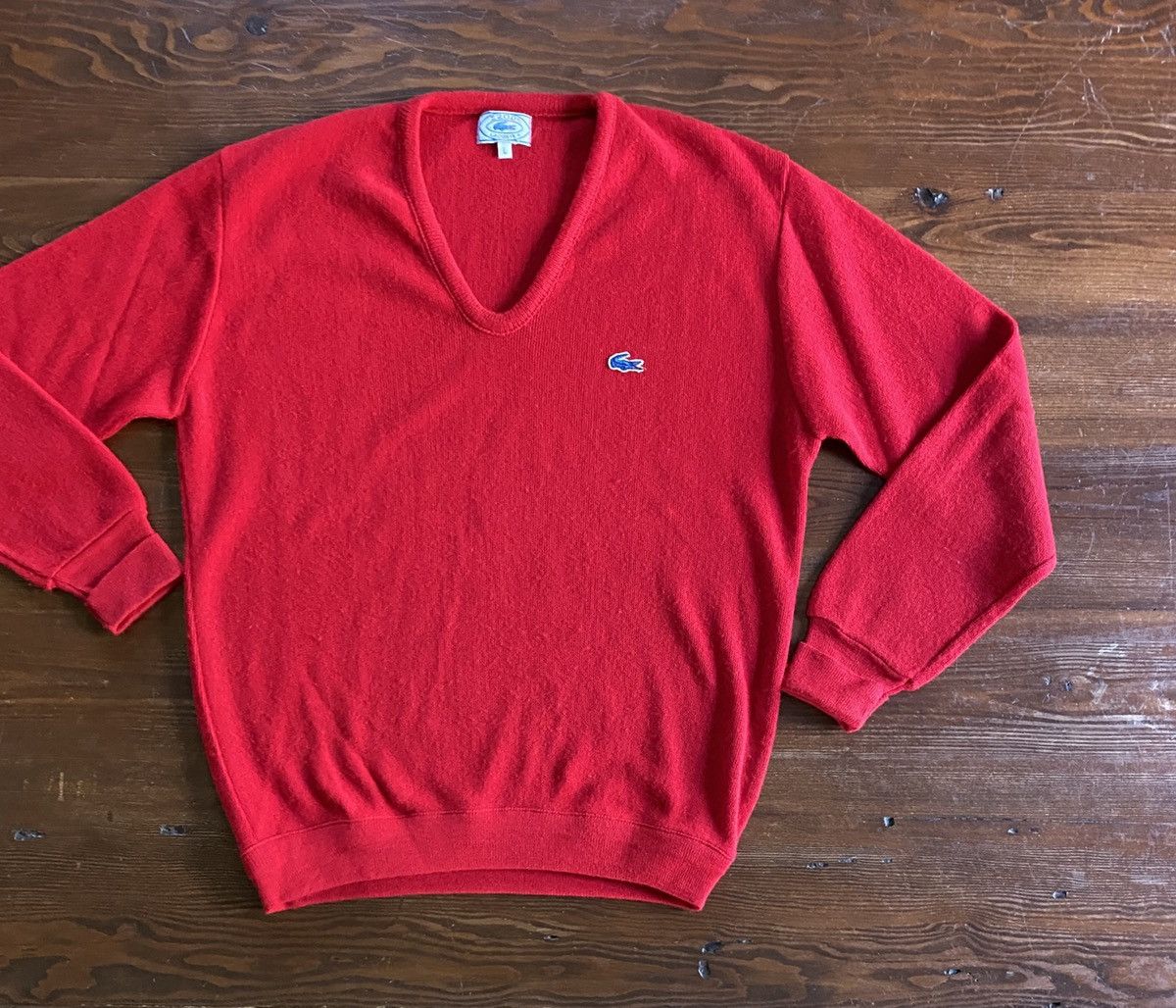 Lacoste Vintage 70’s Lacoste Red V-Neck Knit Sweater Size US L / EU 52-54 / 3 - 1 Thumbnail