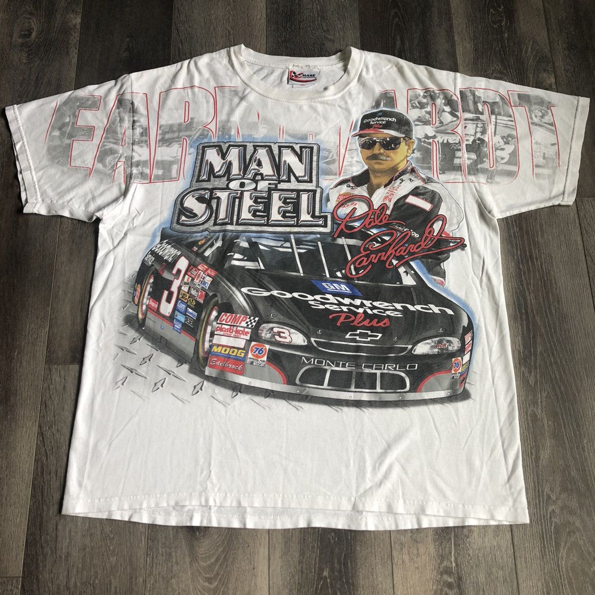 image of Chase Authentics x Nascar Vintage Nascar Dale Earnhardt Man Of Steel Aop Graphic Tee in White (Size