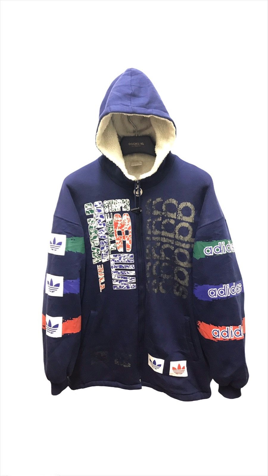 Rare Vtg 90s Adidas Trefoil Hoodie Sweater Sherpa Lining