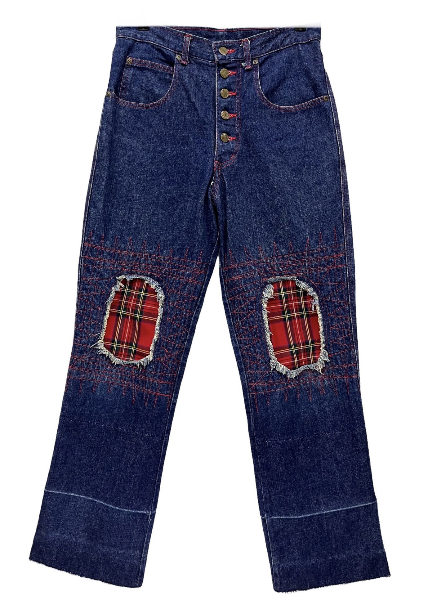 ACIDJAZZ Punk Distressed Blow Out Patch Tartan Knee Denim