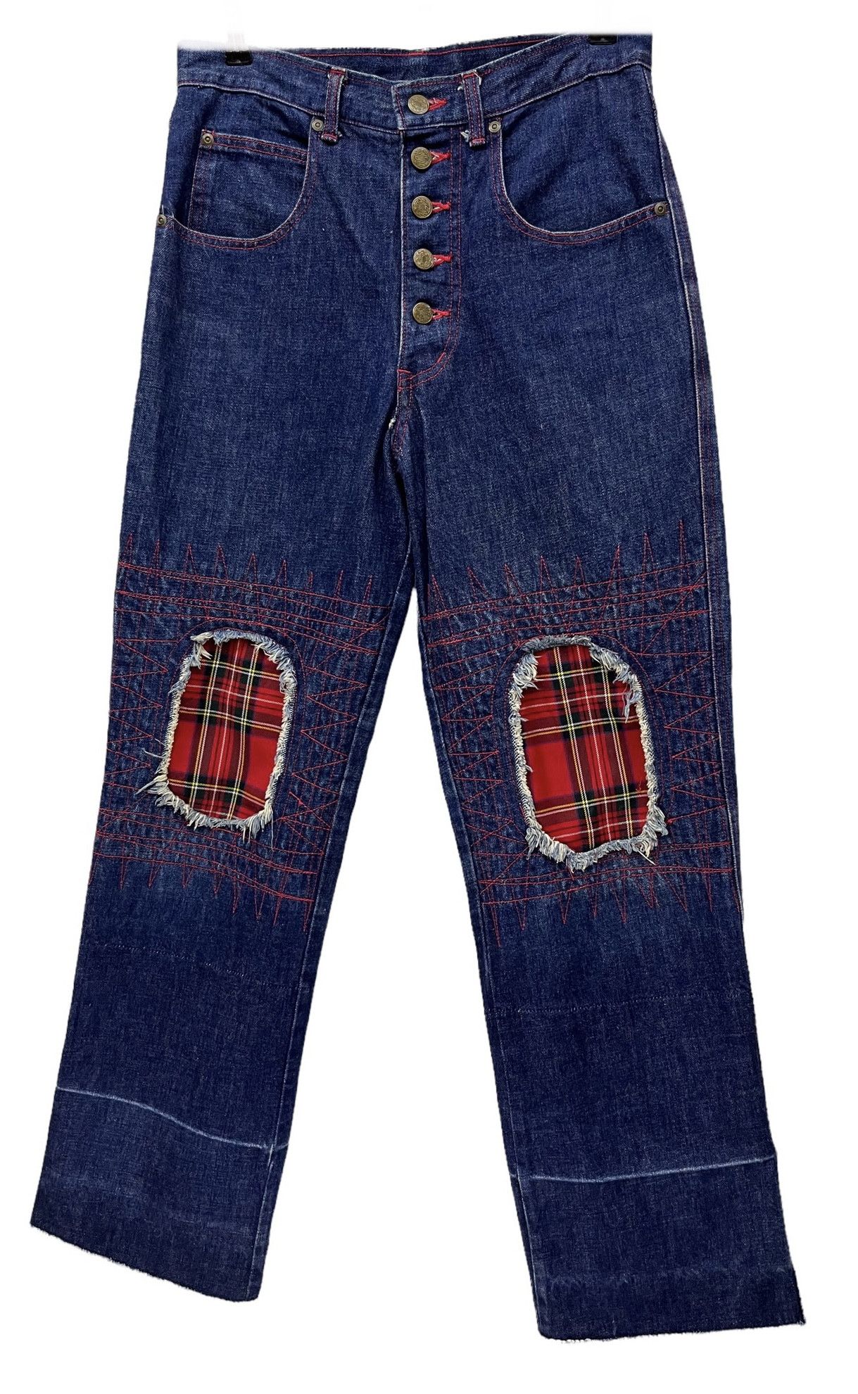 Vintage ACIDJAZZ Punk Distressed Blow Out Patch Tartan Knee Denim Size US 30 / EU 46 - 2 Thumbnail