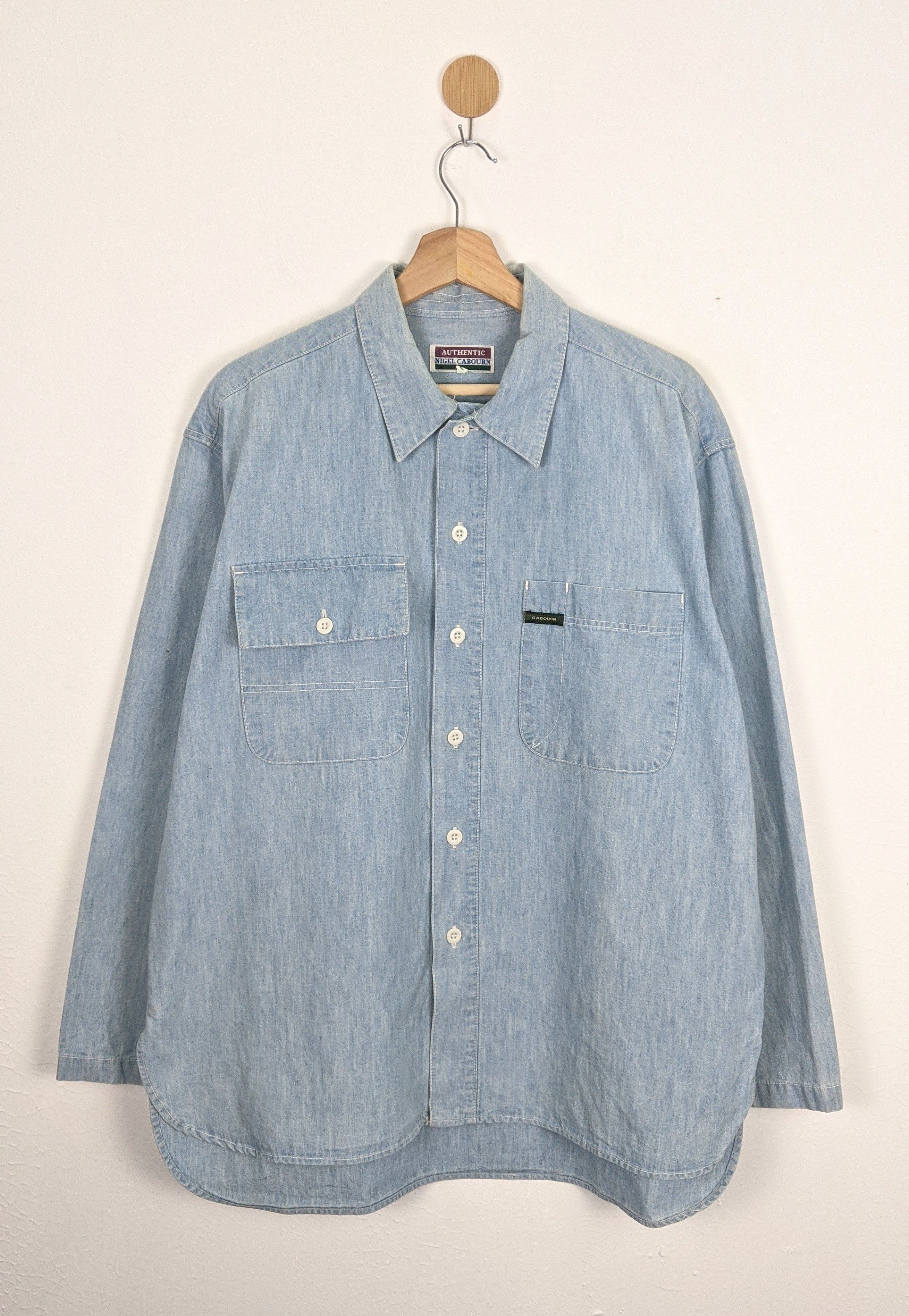 image of Nigel Cabourn Jeans Denime Button Front Designer Shirt in Blue, Men's (Size XL)
