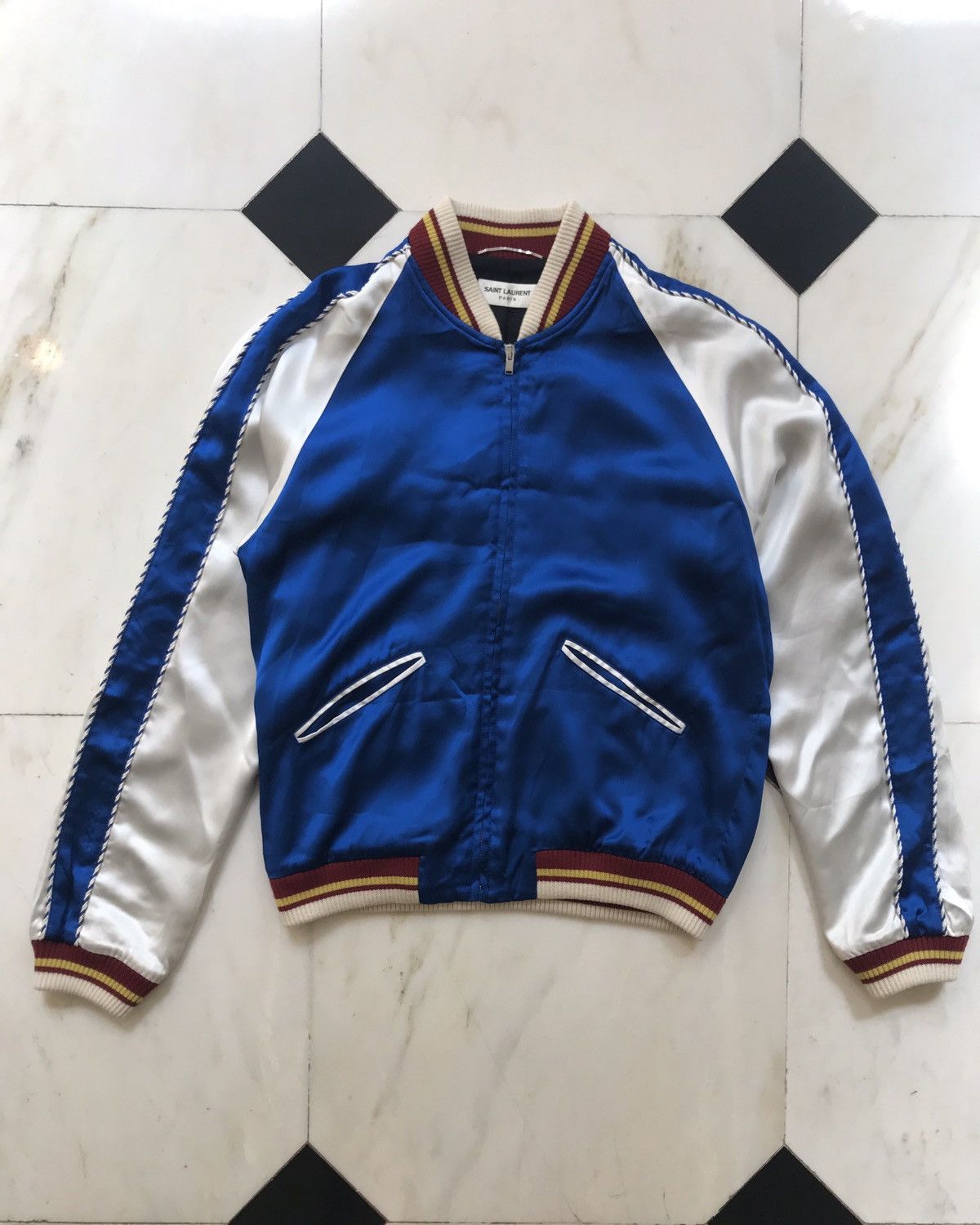 image of Saint Laurent Paris Ss14 Silk Teddy Jacket In Blue, Men's (Size Medium)