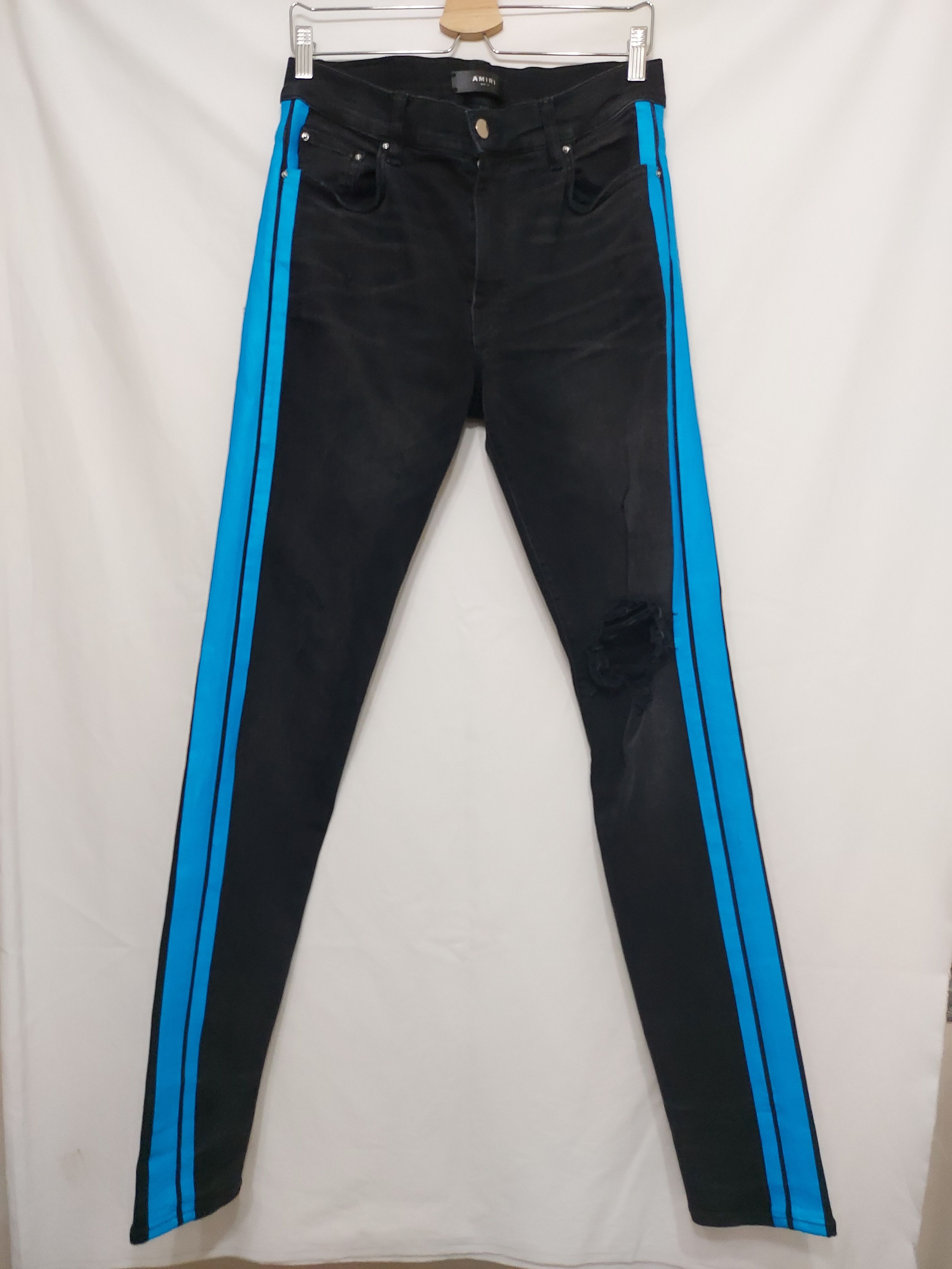 image of Amiri Broken Track Blue Striped Denim Jeans in Black Blue, Men's (Size 33)