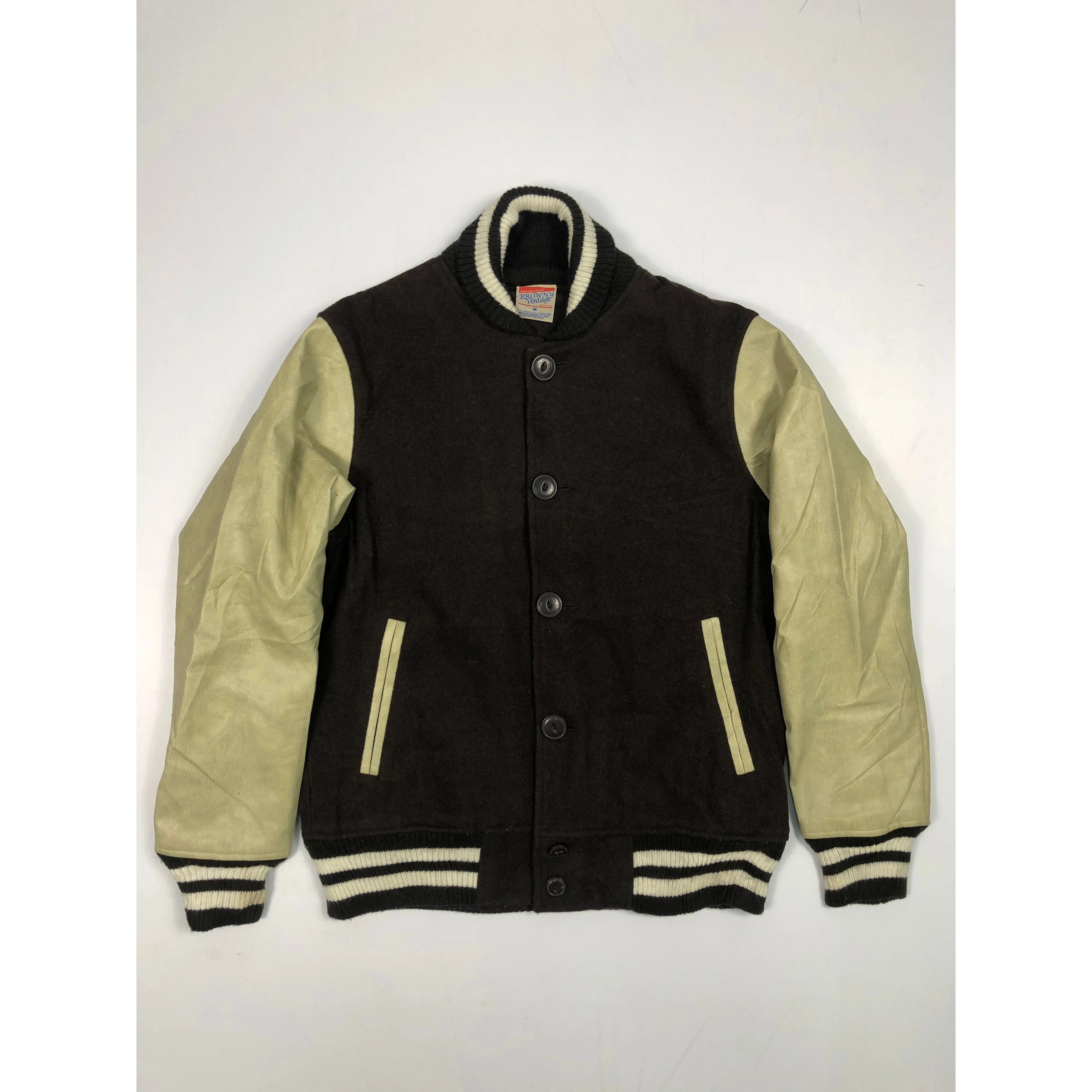 image of 90's Browny Varsity Jacket Leather Sleeve Black, Men's (Size Medium)