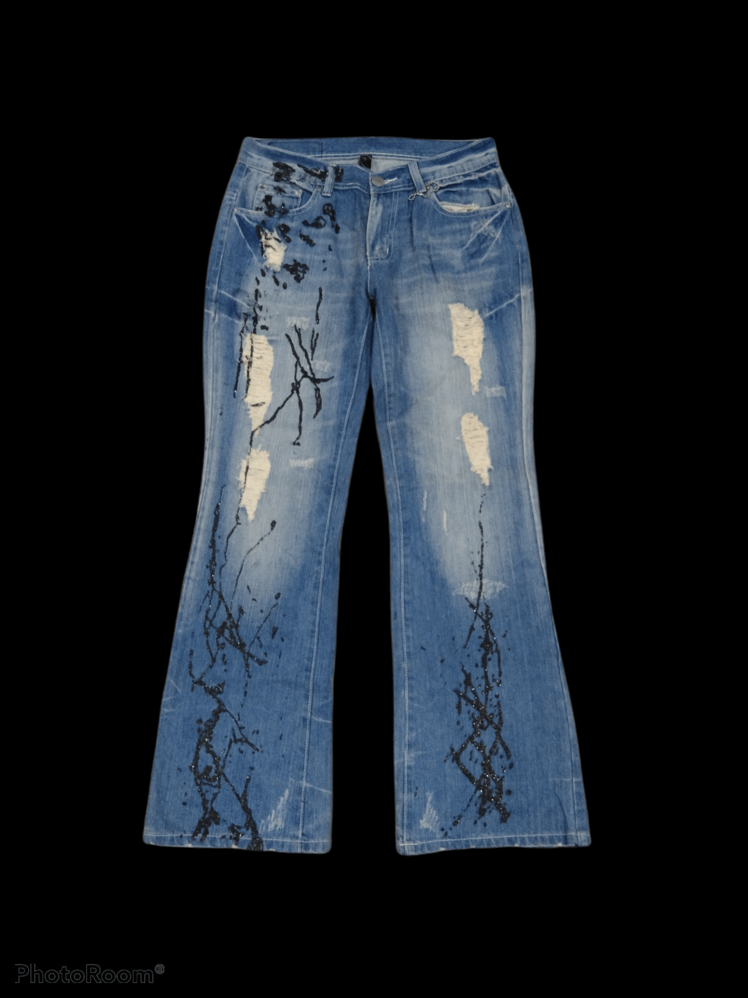 Japanese Brand DiSTRESSED SPLATTER RIPED FLARE JAPANESE SESSION JEANS PANT Size US 30 / EU 46 - 1 Thumbnail