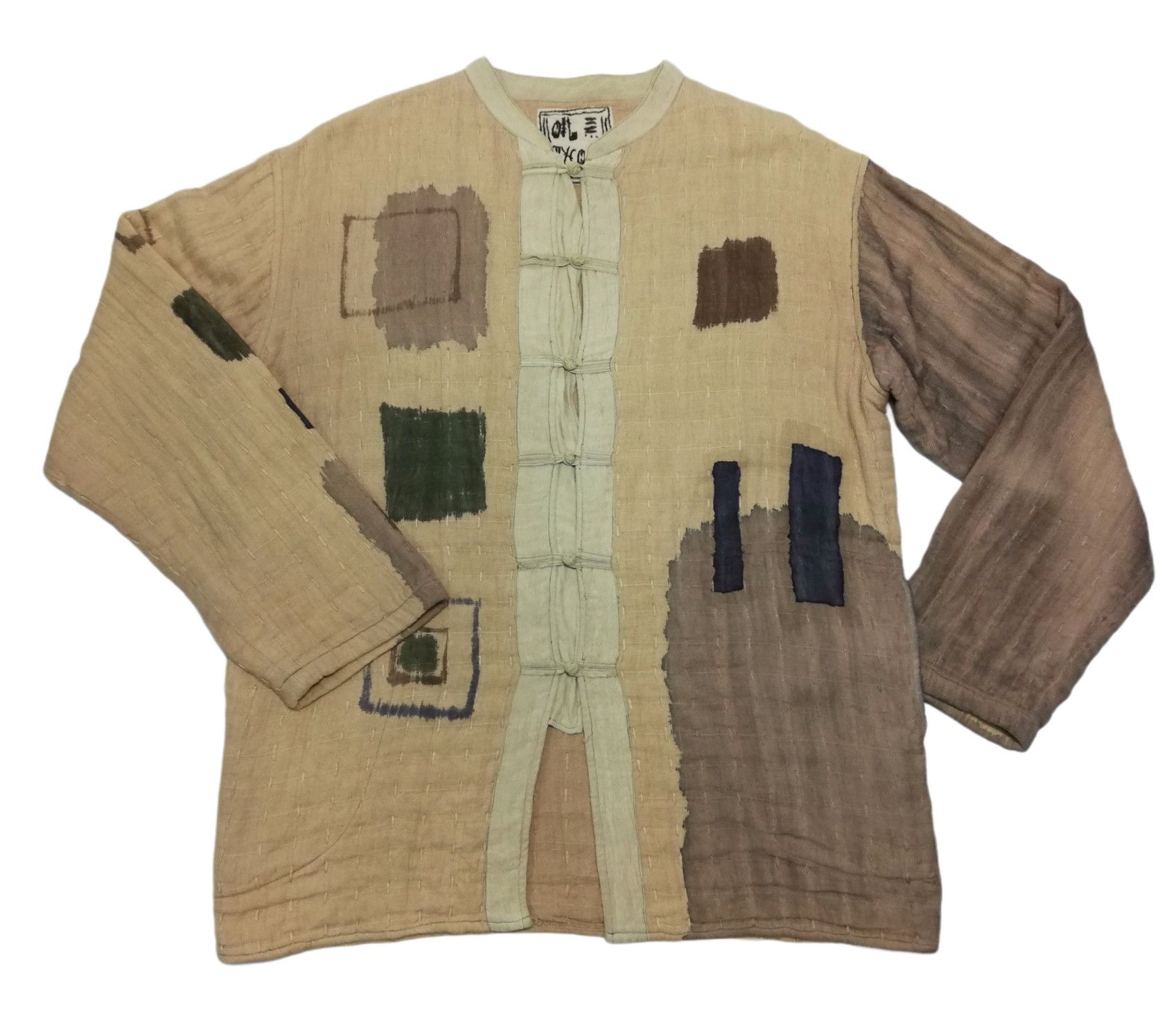 image of 1 Of 1 Traditional Boro Remake Sashiko Stich Mandarin Collar in Beige, Men's (Size Medium)