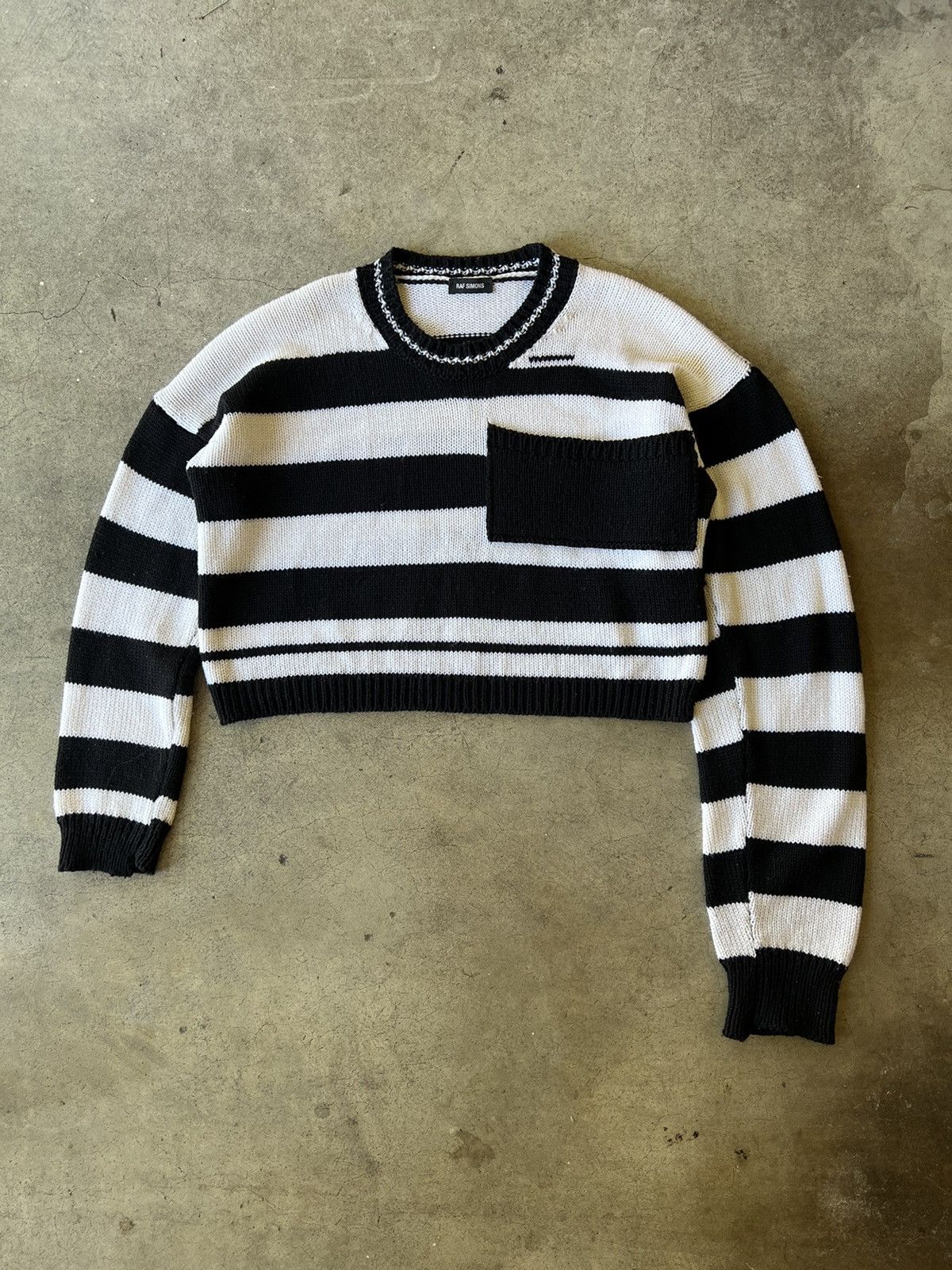 image of Raf Simons Fw17 Disturbed Stripe Knit Cropped Knit in White, Men's (Size Large)