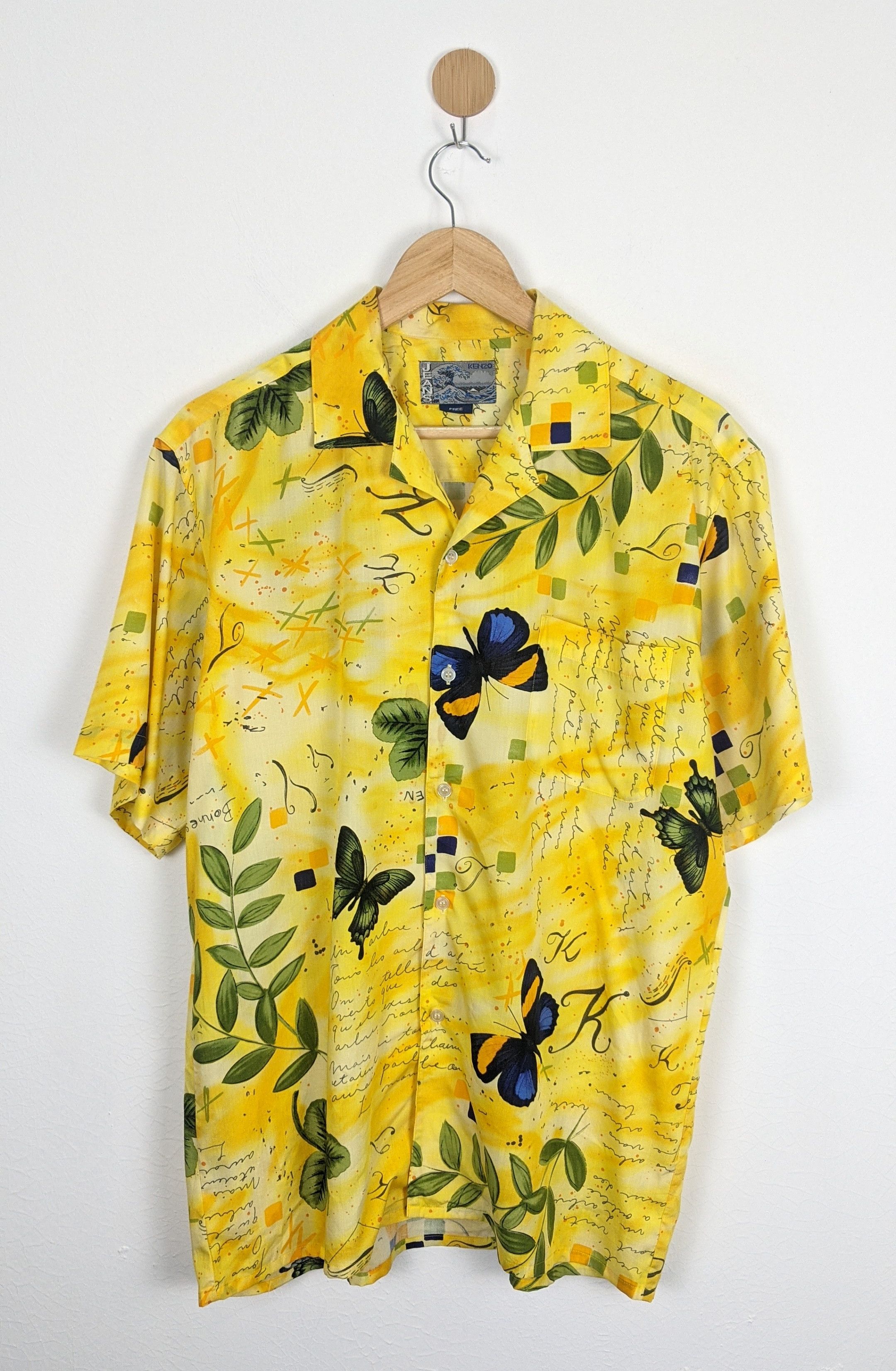 image of Kenzo Jeans Button Up Hawaii Shirt in Yellow, Men's (Size Large)