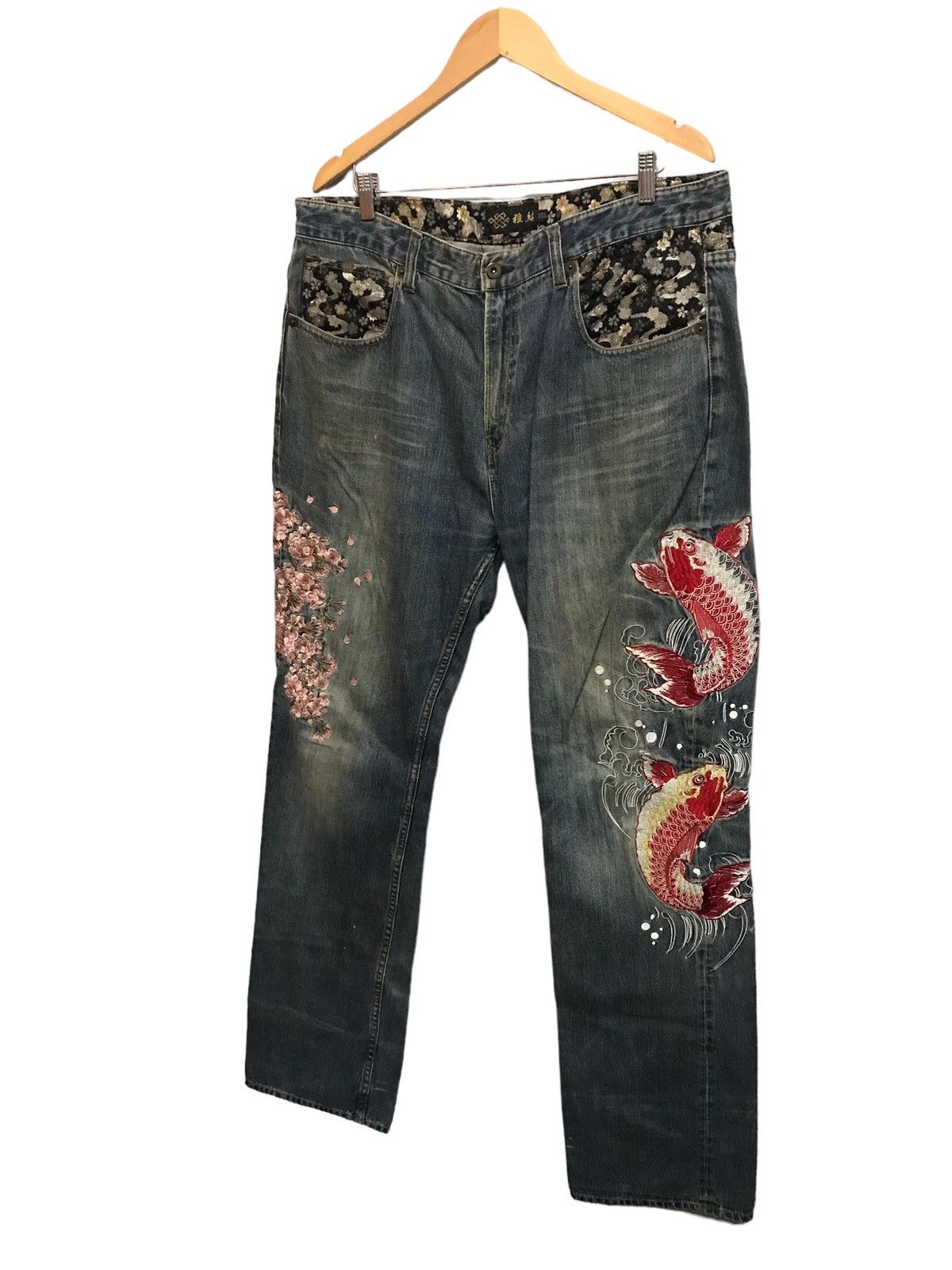 Japanese Brand 🔥NEED BINDING🔥 Sukajan Big RedKoi Fish Embroidery Jeans Size US 38 / EU 54 - 2 Thumbnail