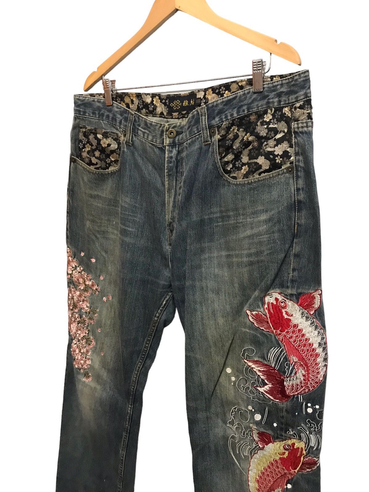 Japanese Brand 🔥NEED BINDING🔥 Sukajan Big RedKoi Fish Embroidery Jeans Size US 38 / EU 54 - 4 Thumbnail