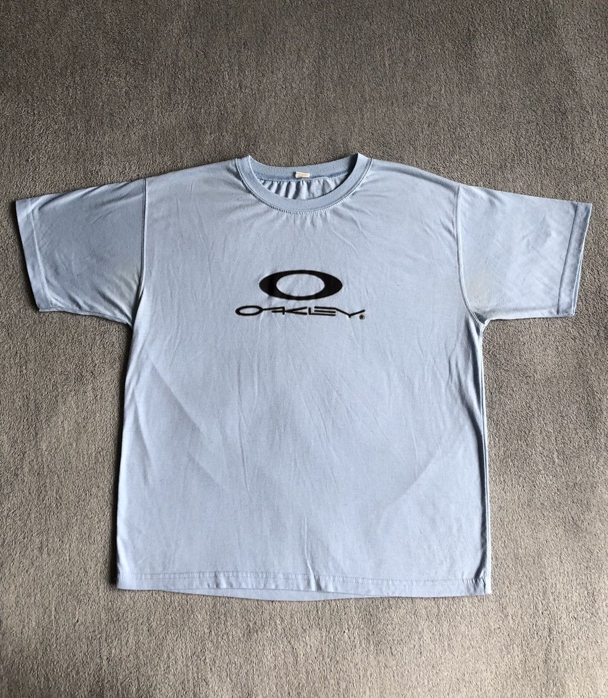 Vintage Oakley 90s Sky Baby Blue Washed Centre Logo T Shirt Rare L