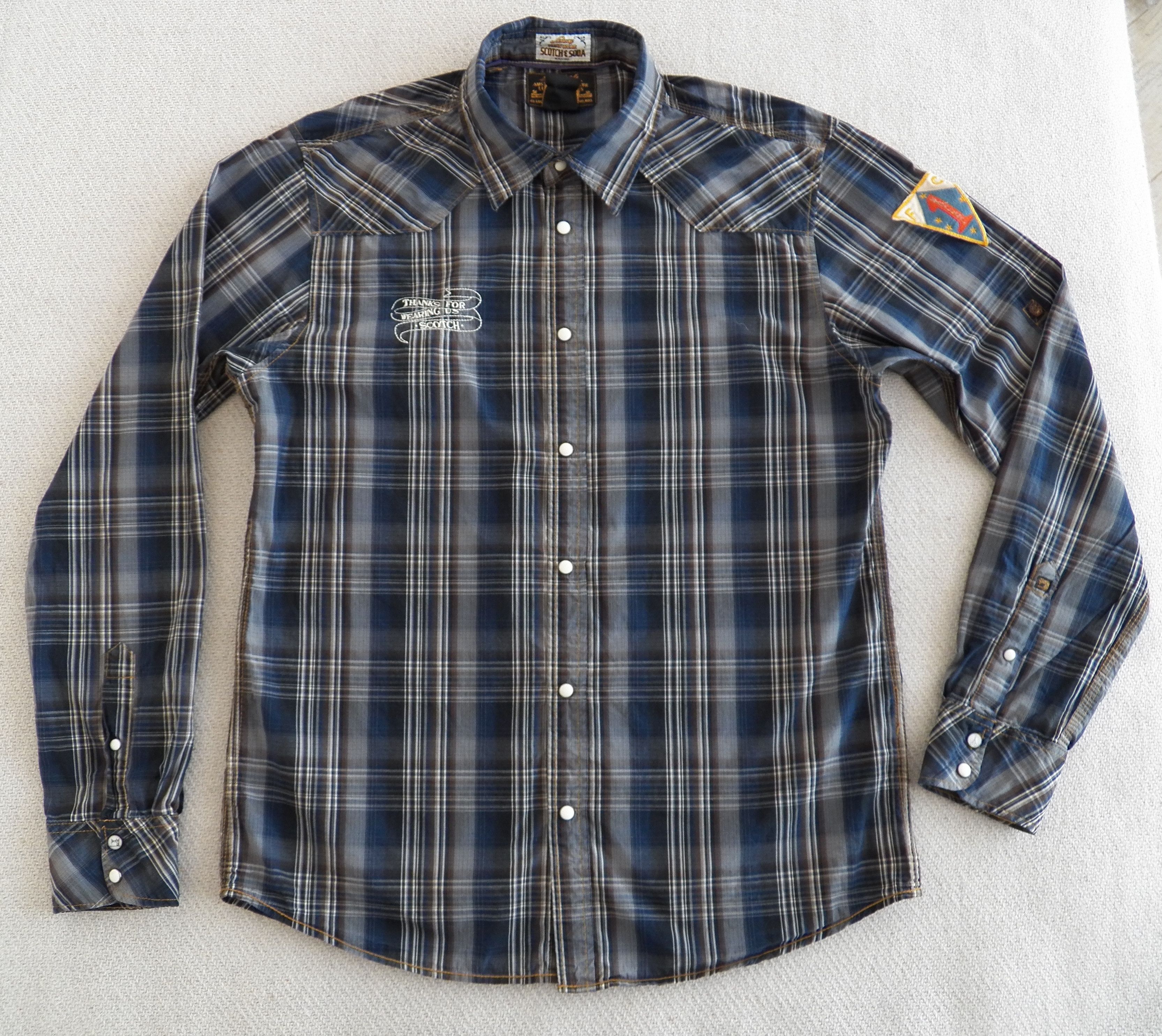 Scotch & Soda MENS SHIRT slim blue plaid rollup sleeve snap EAT DIRT Size US XL / EU 56 / 4 - 1 Thumbnail