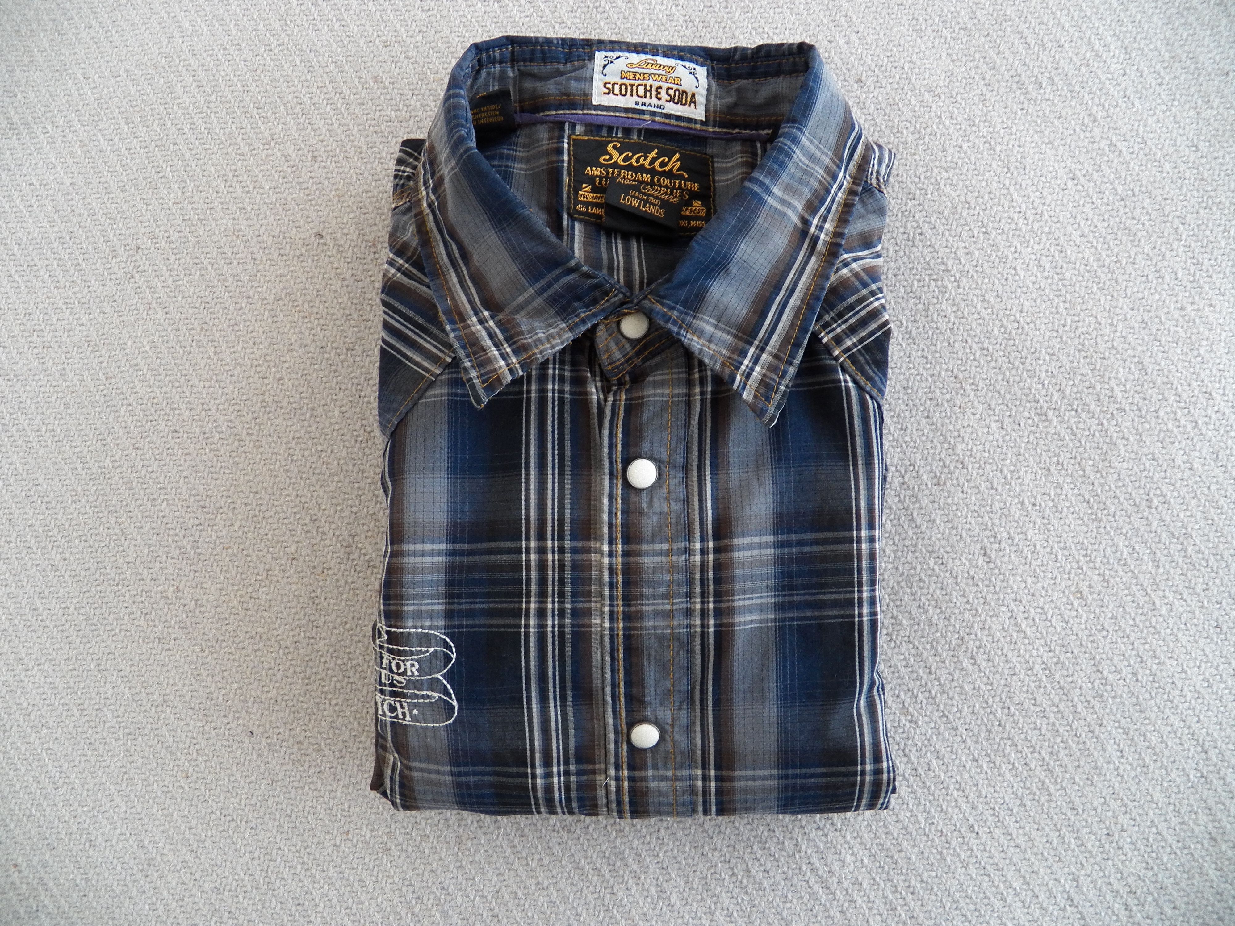 Scotch & Soda MENS SHIRT slim blue plaid rollup sleeve snap EAT DIRT Size US XL / EU 56 / 4 - 7 Thumbnail