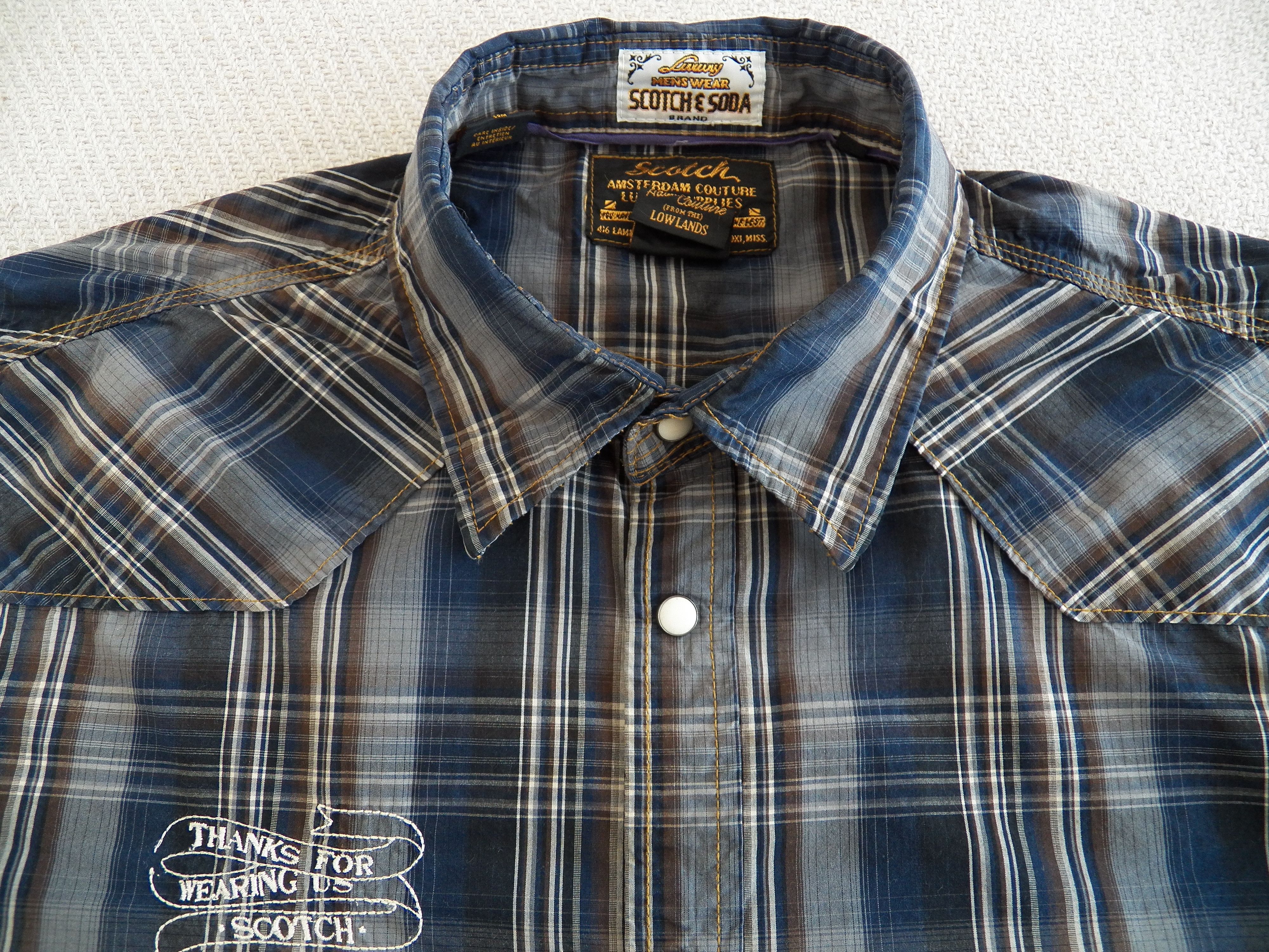 Scotch & Soda MENS SHIRT slim blue plaid rollup sleeve snap EAT DIRT Size US XL / EU 56 / 4 - 5 Thumbnail