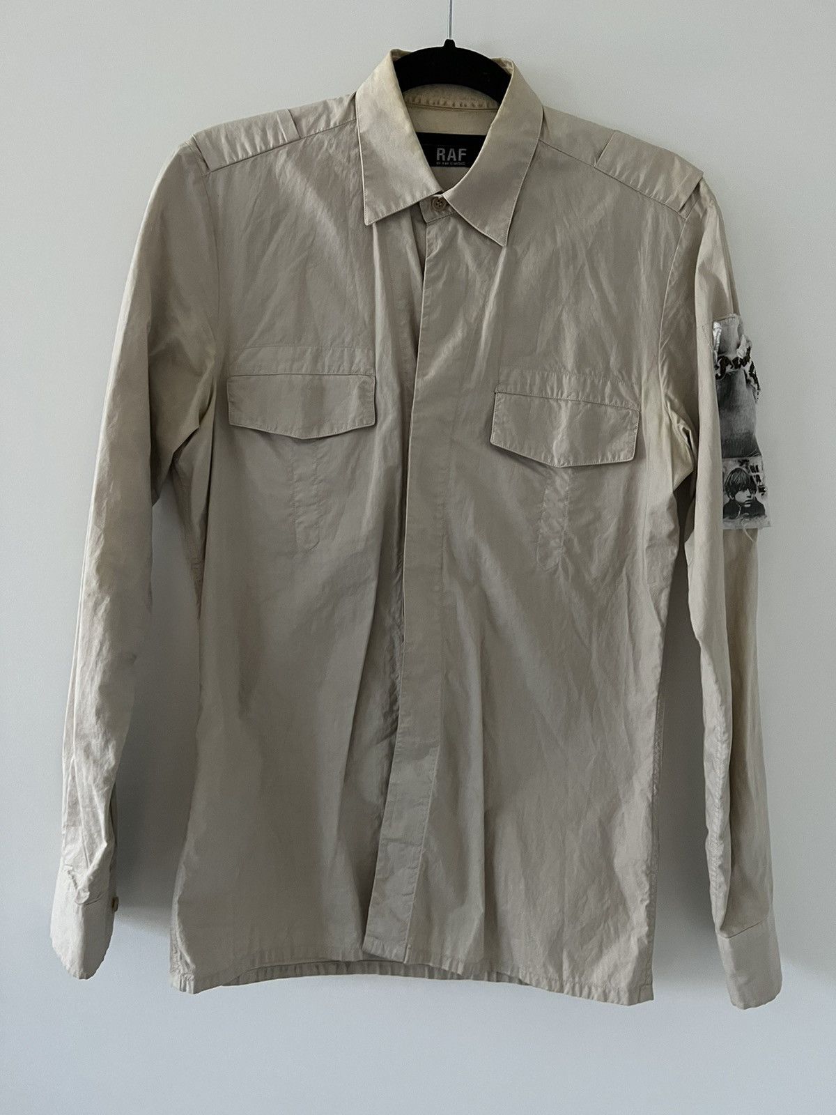 image of Raf By Raf Simons Procession Damaged Patch Buttonup in Beige, Men's (Size Small)