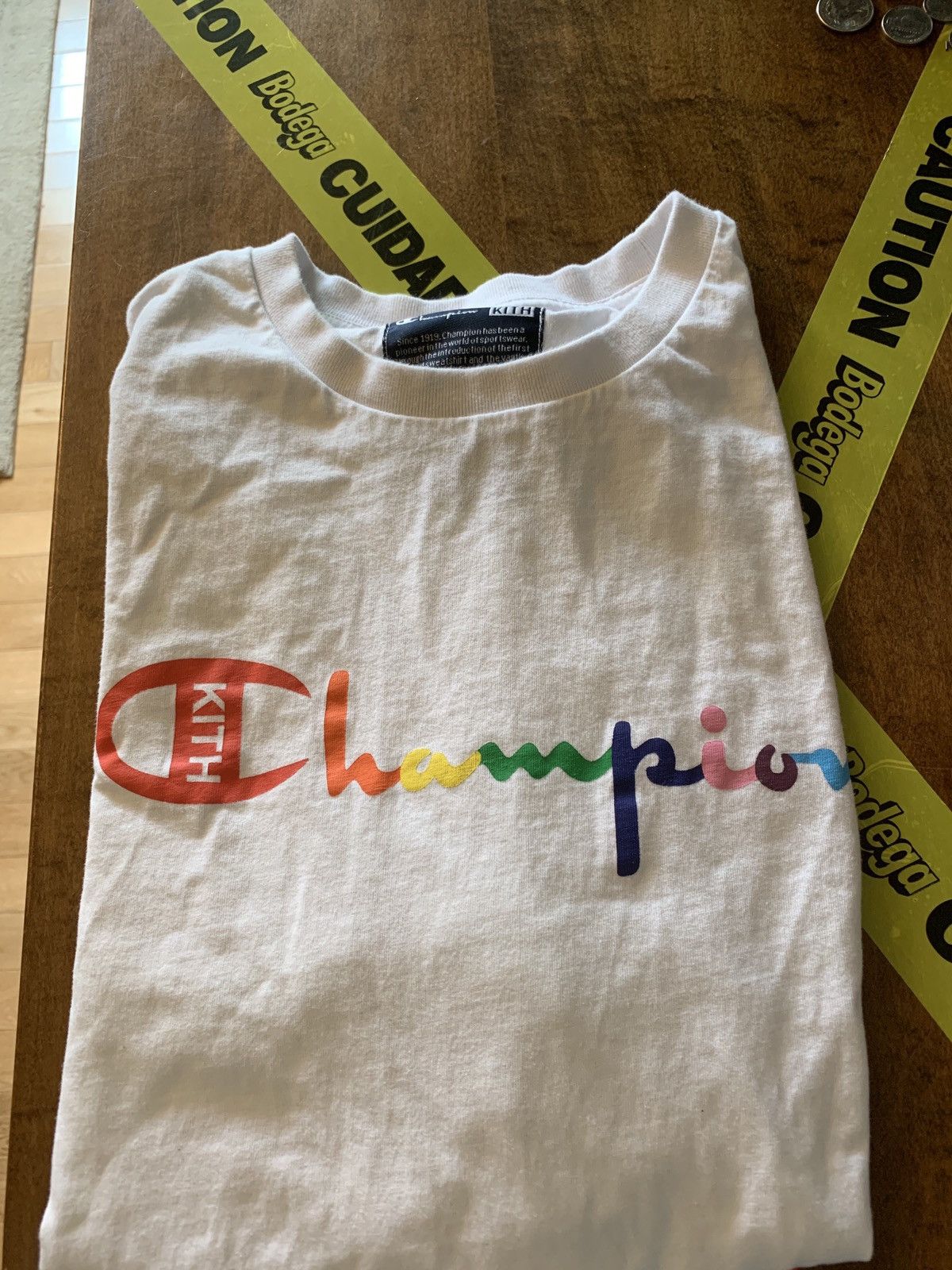 image of 2018 Kith X Champion Rainbow Script Logo Tee in White, Men's (Size Medium)