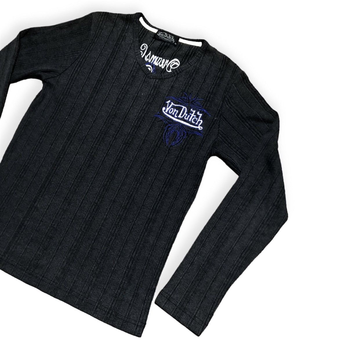 image of Vintage Von Dutch Long Sleeve Cuduroy Big Logo Tee in Dark Grey, Women's (Size Medium)