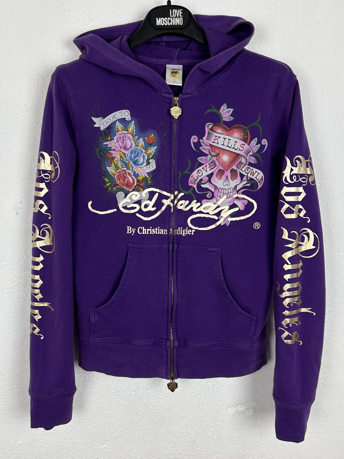 image of 00S Vintage Ed Hardy By Christian Audigier Zip Hoodie in Purple, Women's (Size Small)