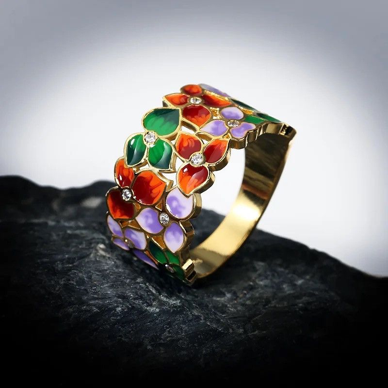 Japanese Brand × Jewelry × Vintage Flower Ring Handmade Enamel Ring Size ONE SIZE - 3 Thumbnail
