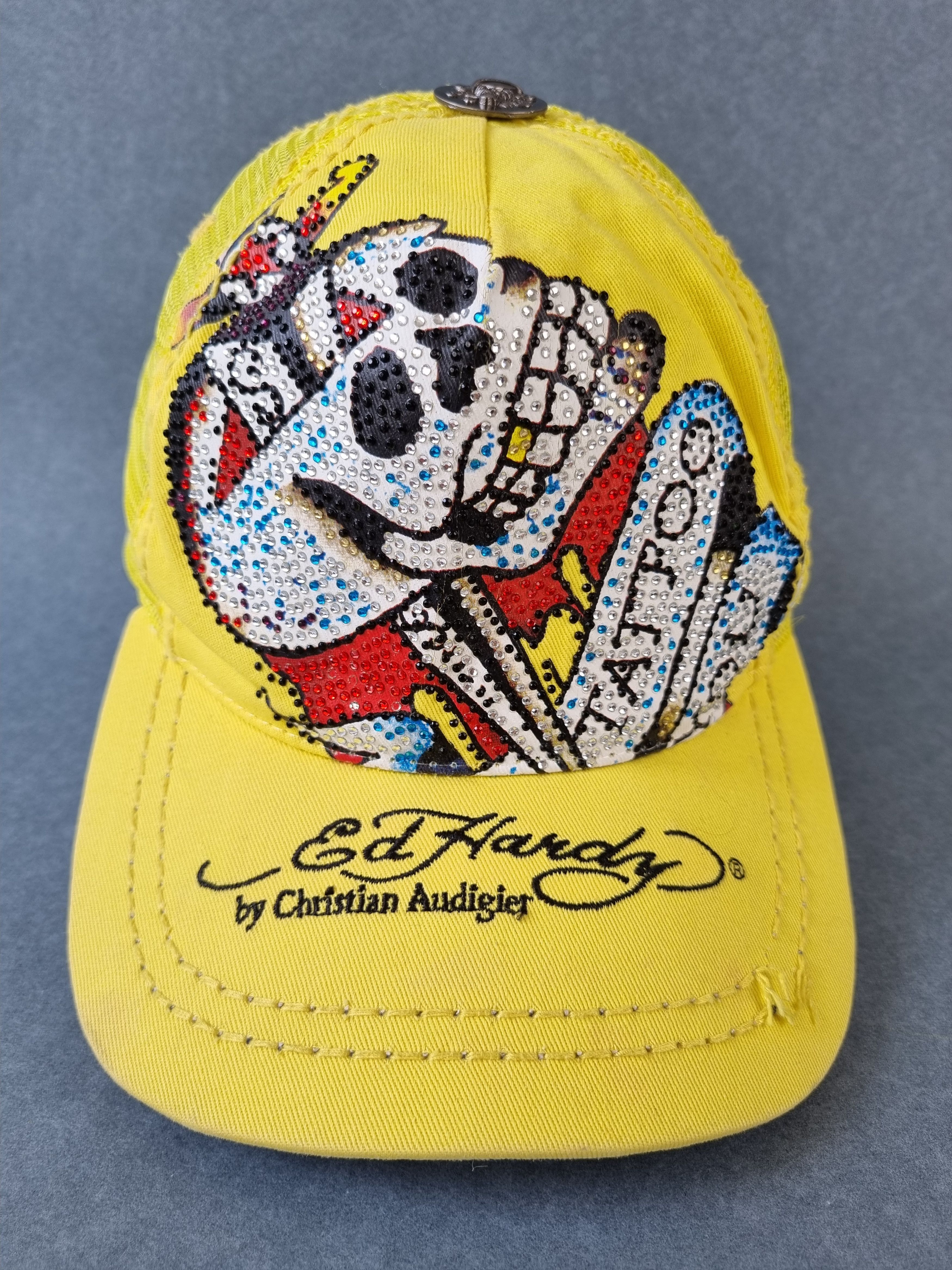 Christian Audigier × Ed Hardy Rare 90s Yellow Tattoo Skull Design Ed Hardy Cap Size ONE SIZE - 10 Thumbnail