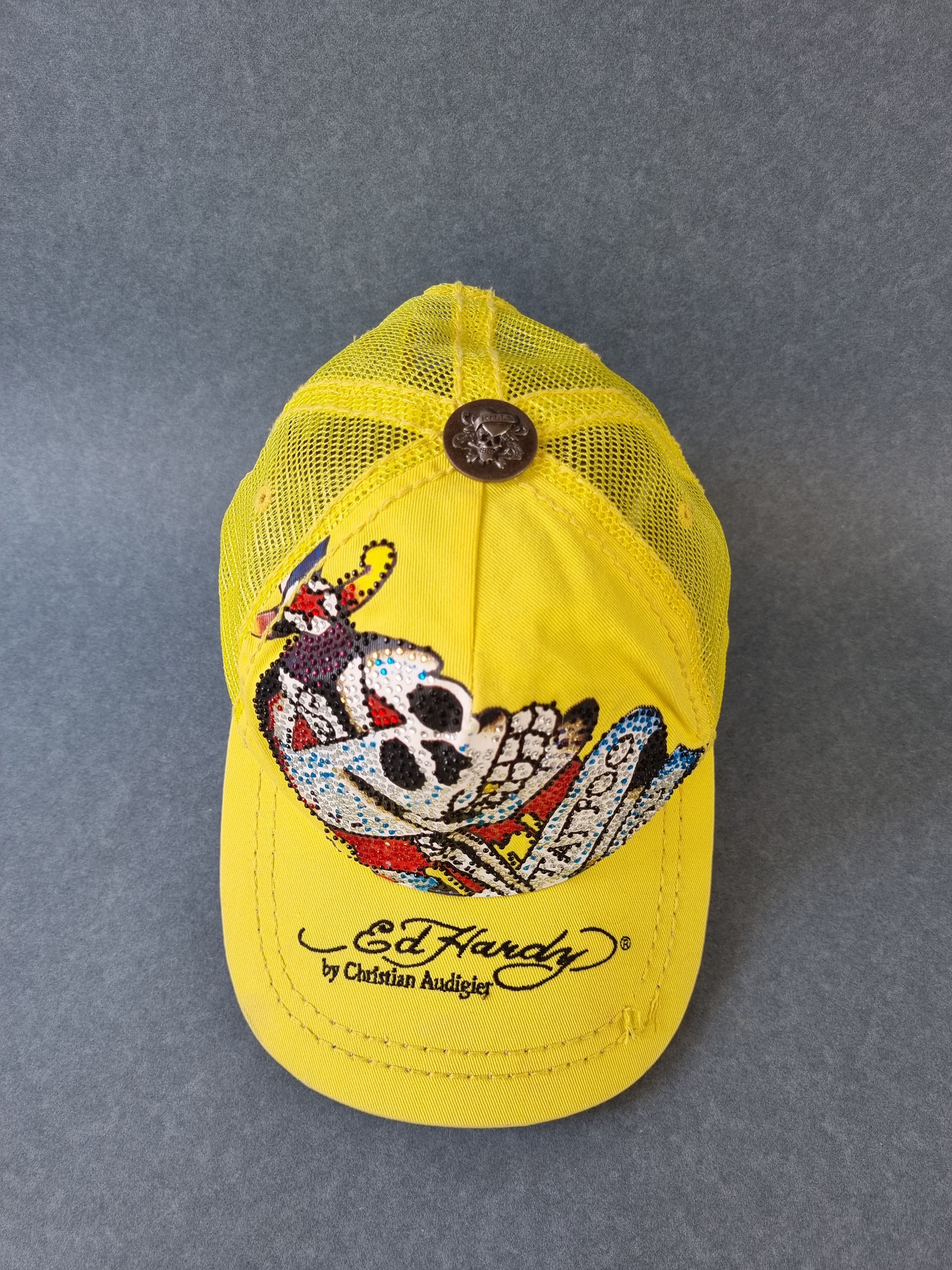 Christian Audigier × Ed Hardy Rare 90s Yellow Tattoo Skull Design Ed Hardy Cap Size ONE SIZE - 2 Thumbnail