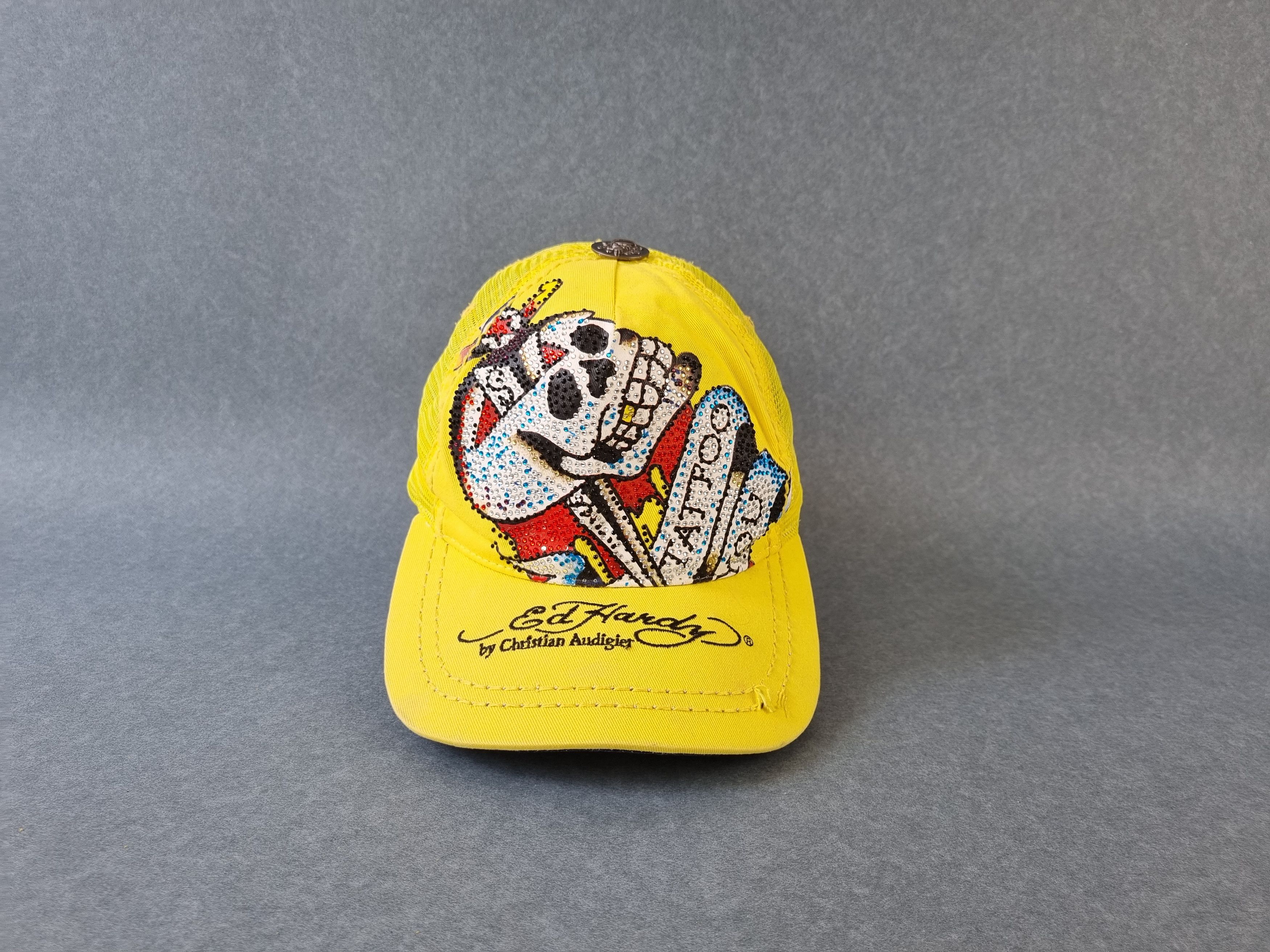 Christian Audigier × Ed Hardy Rare 90s Yellow Tattoo Skull Design Ed Hardy Cap Size ONE SIZE - 6 Thumbnail